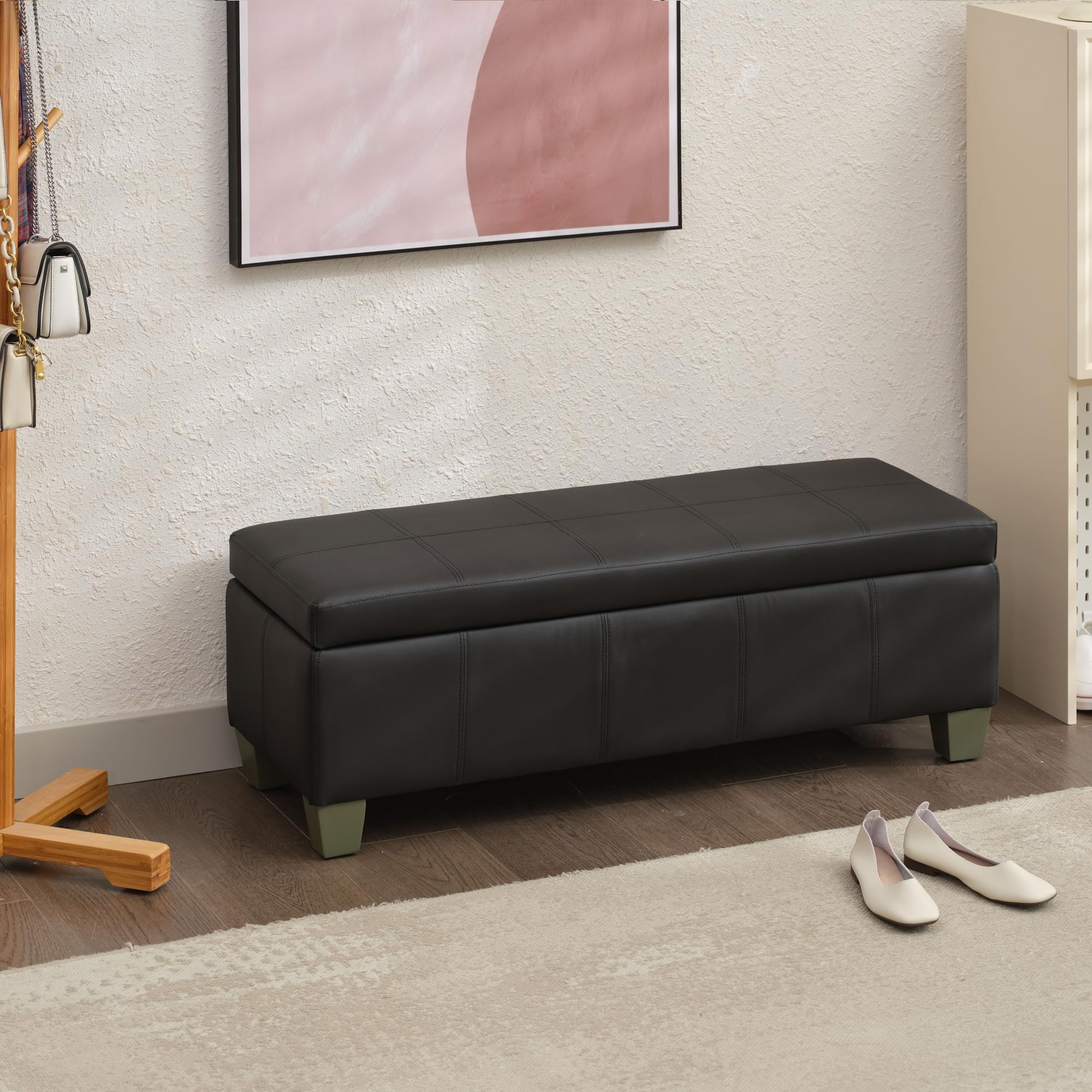 Black Faux Leather Storage Ottoman Bench - Extra Long Rectangular Footrest with Hidden Storage | Perfect for Bedroom, Living Room & Entryway Seating & Organization