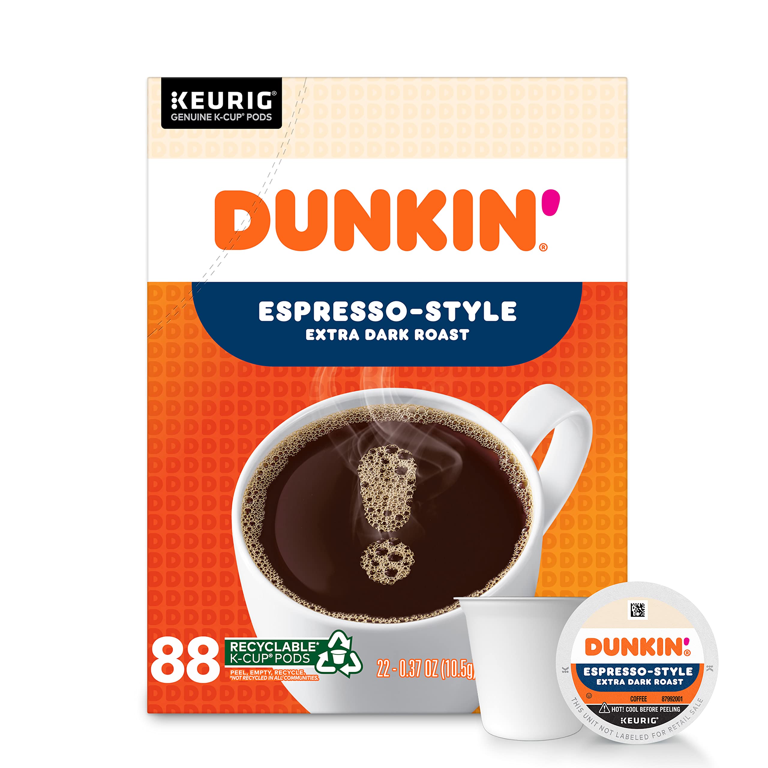 Dunkin' Espresso Style Extra Dark Roast Coffee - 88 Keurig K-Cup Pods for Strong Bold Flavor | Perfect for Home & Office Coffee Brewing | Compatible with Keurig 2.0 & Single Serve Brewers
