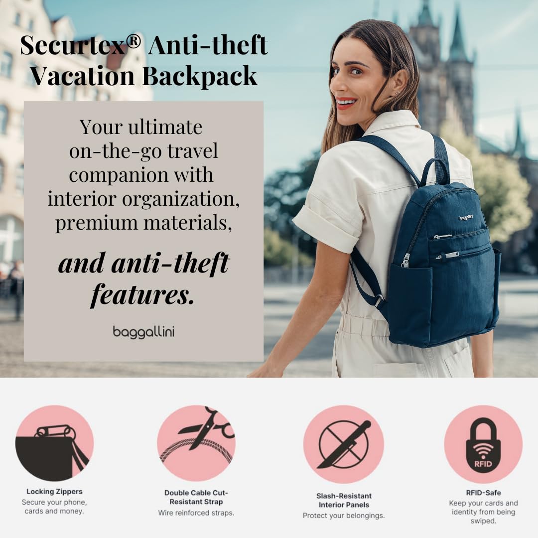 Baggallini Securtex Anti-Theft Travel Backpack for Women - Lightweight RFID Blocking Locking Zipper Backpack with Wallet - Perfect for Vacation, Commuting & Airplane Travel