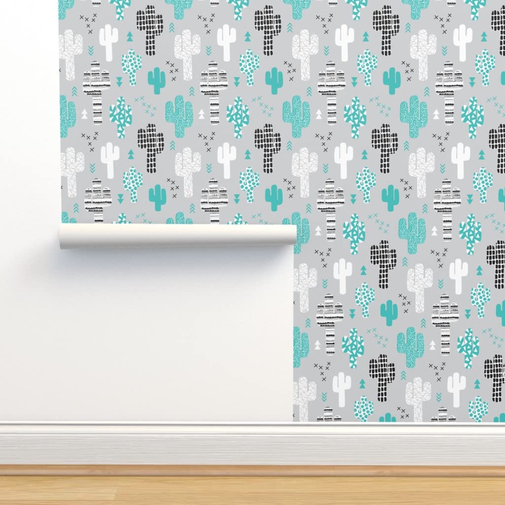 Peel & Stick Wallpaper 9ft x 2ft - Western Geometric Cactus Design with Arrows in Pastel Blue, Black & White | Removable Self-Adhesive Wall Covering for Bedroom, Nursery or Office Decor