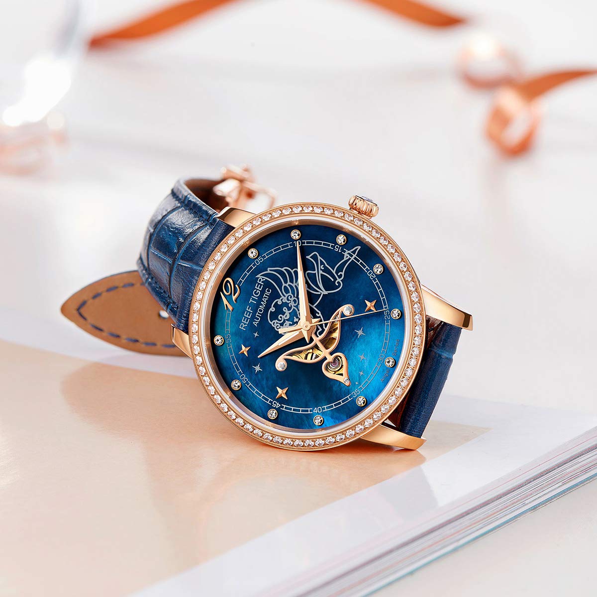 REEF TIGER Luxury Rose Gold Automatic Watch for Women - Genuine Leather Strap, Water Resistant, Elegant Dress Watch (Model RGA1550) | Perfect for Business, Party & Special Occasions