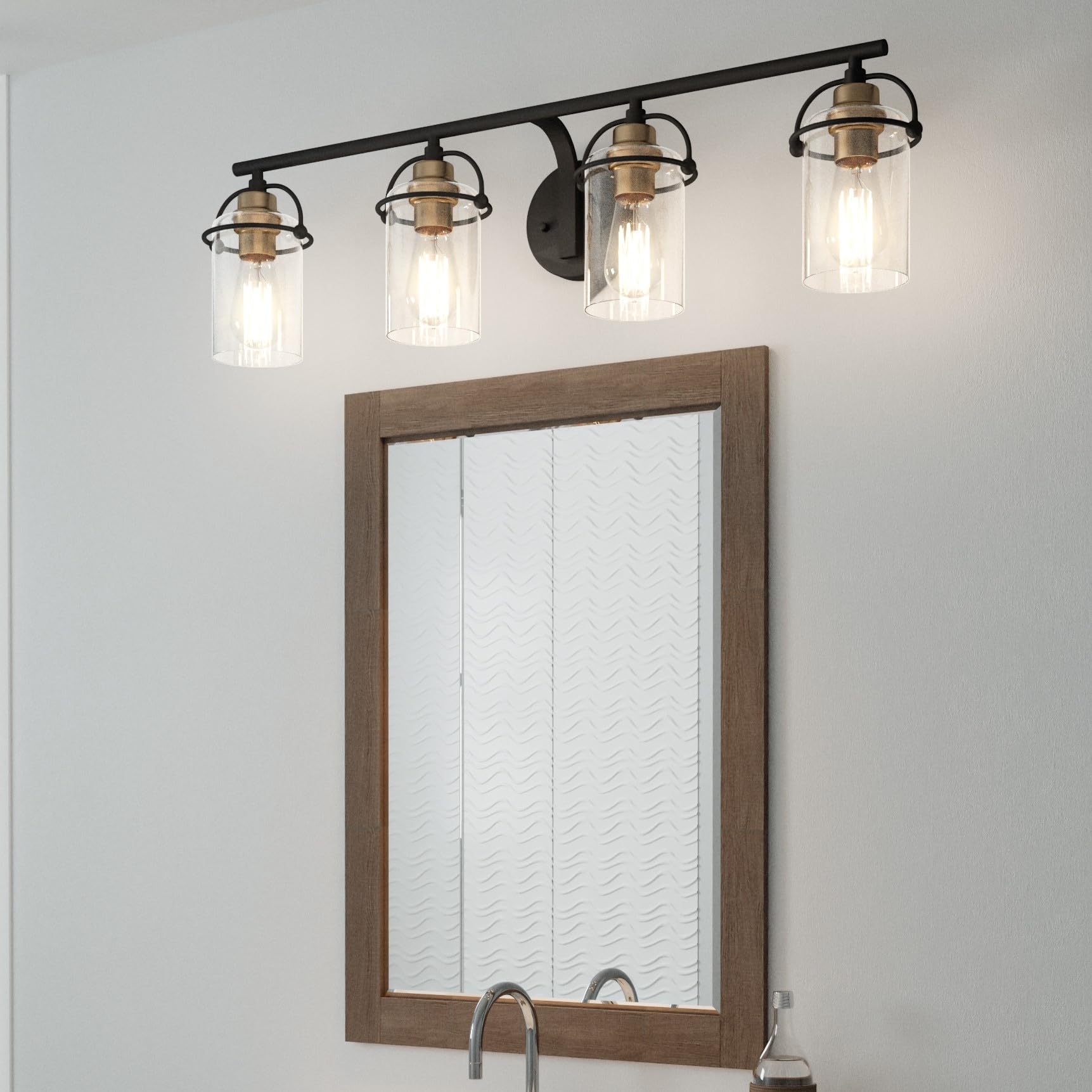 Quoizel Emerson 33 Inch 4-Light Matte Black Bathroom Vanity Light Fixture - Clear Glass Shades, Transitional Wall Mount Mirror Lighting for Bathroom, Powder Room & Dressing Area