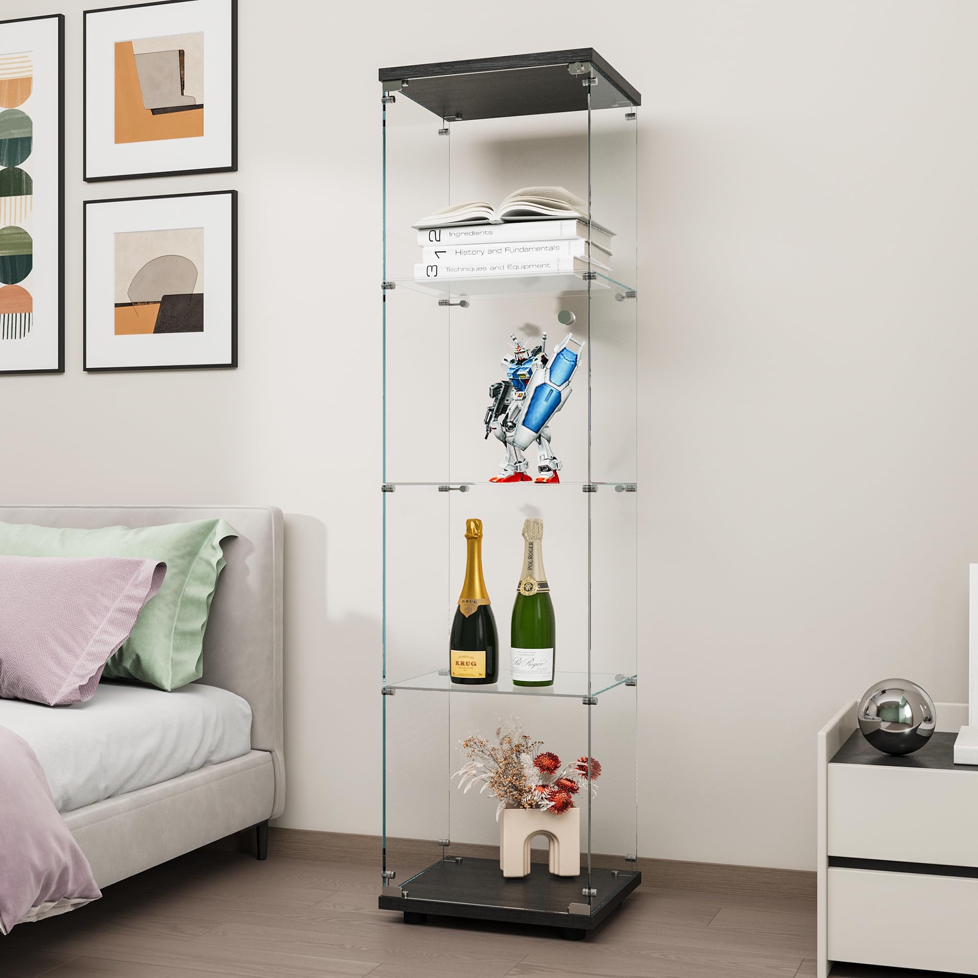 FANYUSHOW 4-Tier Glass Display Cabinet with Tempered Glass Door - Black Curio Cabinet for Collectibles, Home Decor & Retail Store Display (Living Room, Bedroom, Office, Shop)