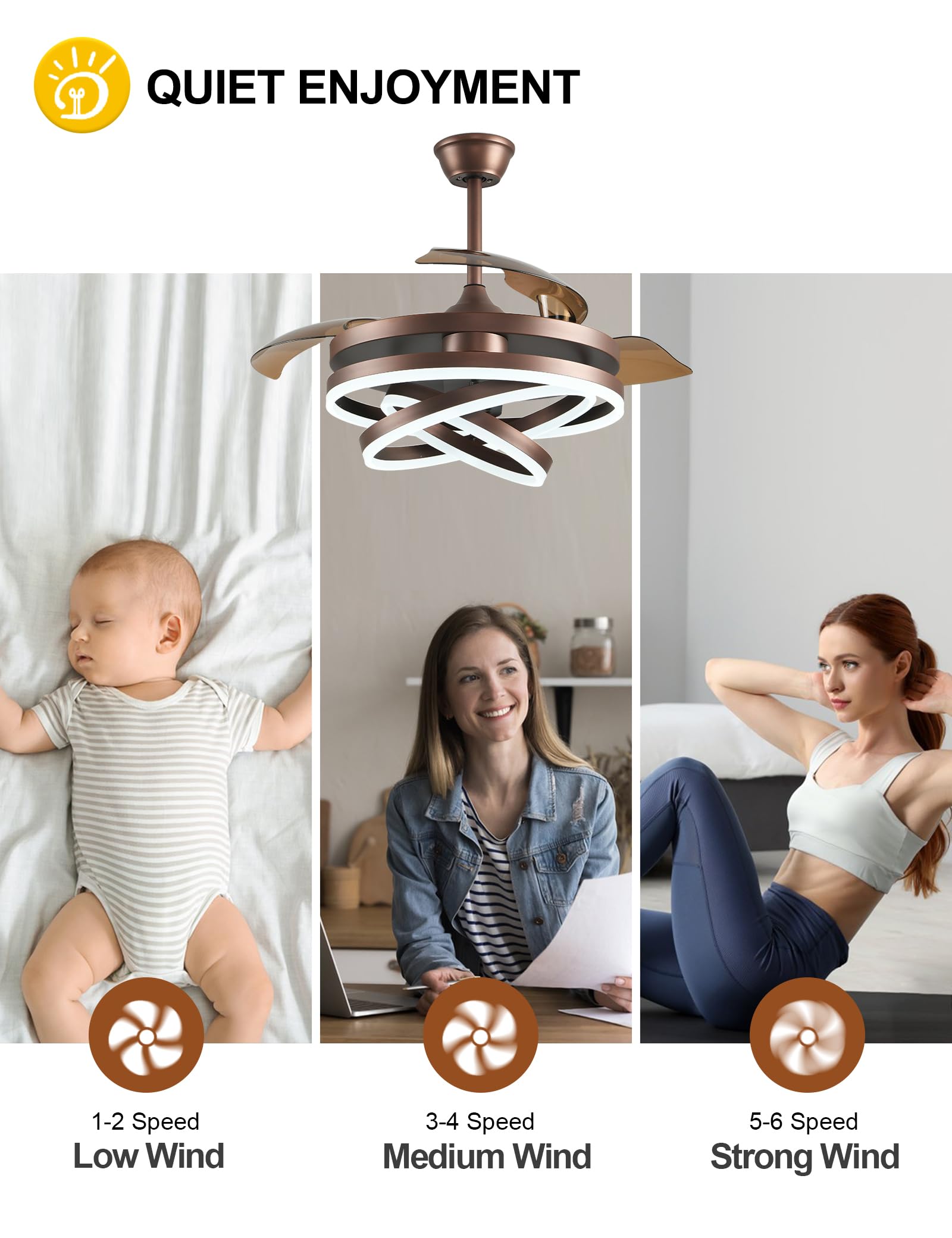 42 Inch Retractable Ceiling Fan with Remote Control - Modern DC Motor Silent Ceiling Fan with Adjustable LED Color Lighting, 6 Speed Settings & Retractable Blades (Brown) - Perfect for Living Room, Bedroom and Office Spaces