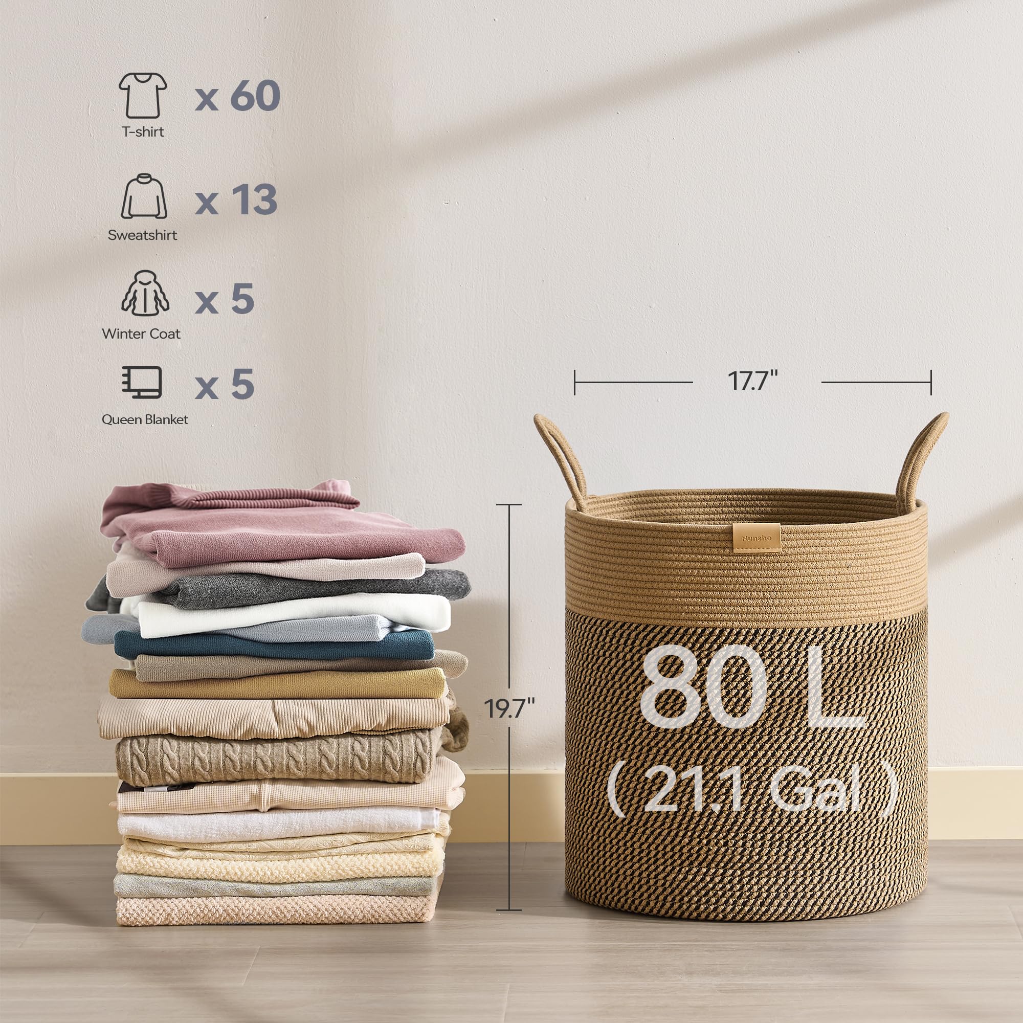 80L Large Woven Laundry Hamper Basket - Dark Brown Nursery Storage Organizer for Baby Clothes, Toys, Blankets & Pillows | Perfect for Nursery, Bedroom, Closet & Laundry Room Organization