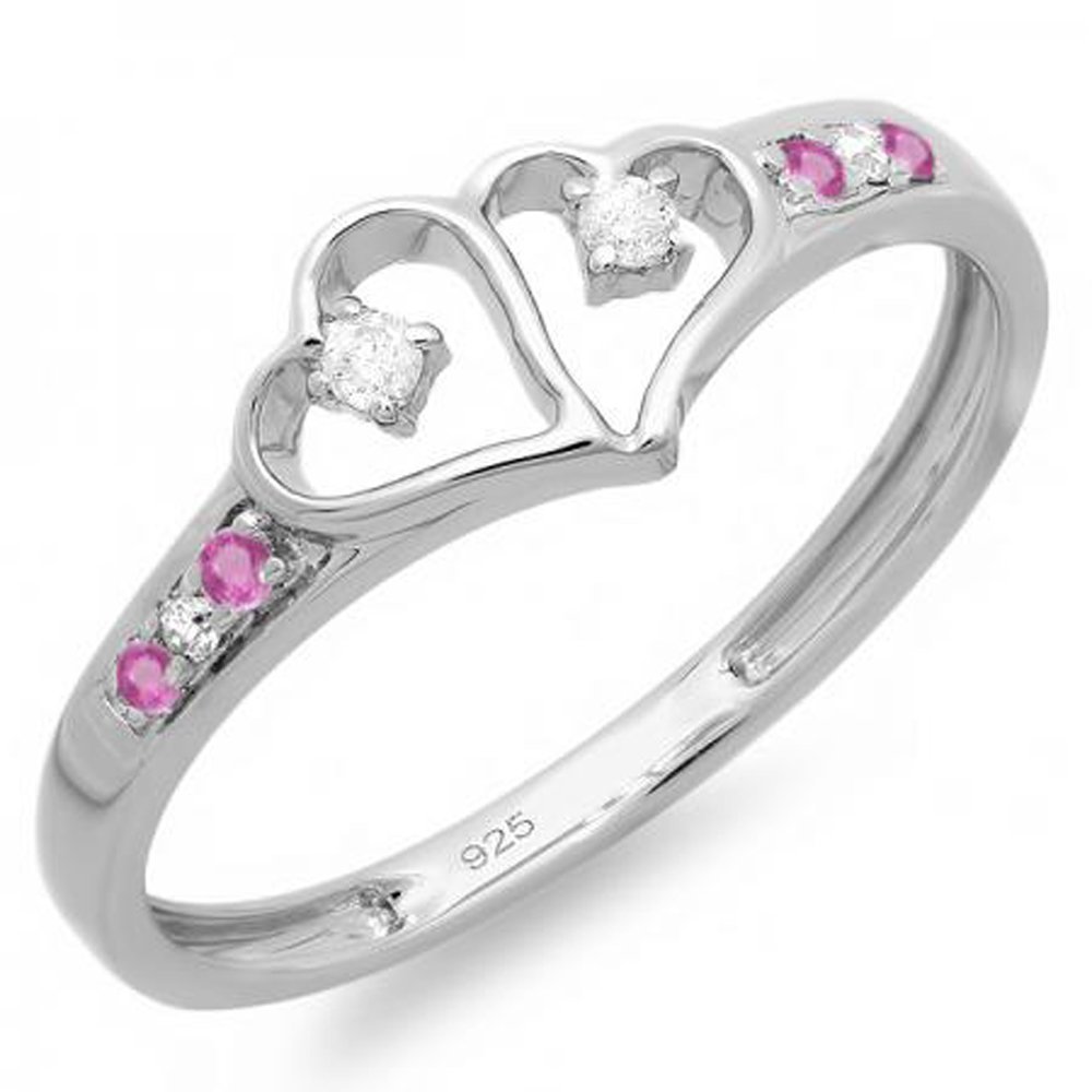 Dazzlingrock Round White Diamond & Pink Sapphire Double Heart Promise Ring for Women - Sterling Silver Engagement Ring - Perfect for Proposals, Anniversaries & Romantic Gifts