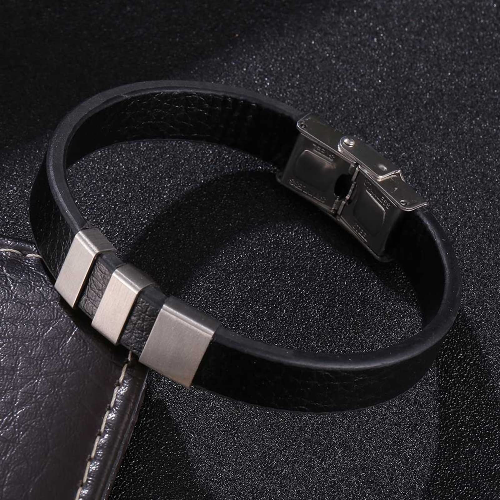 Men's Leather Cuff Bracelet - Stainless Steel & Silver for Casual Wear
