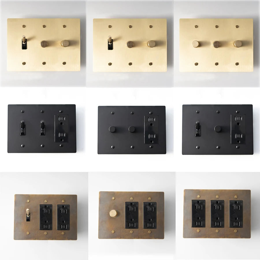 3 Gang Brass Toggle Light Dimmer Switch with Wall Plate - Vintage Style for Bedroom, Living Room & Office Lighting Control