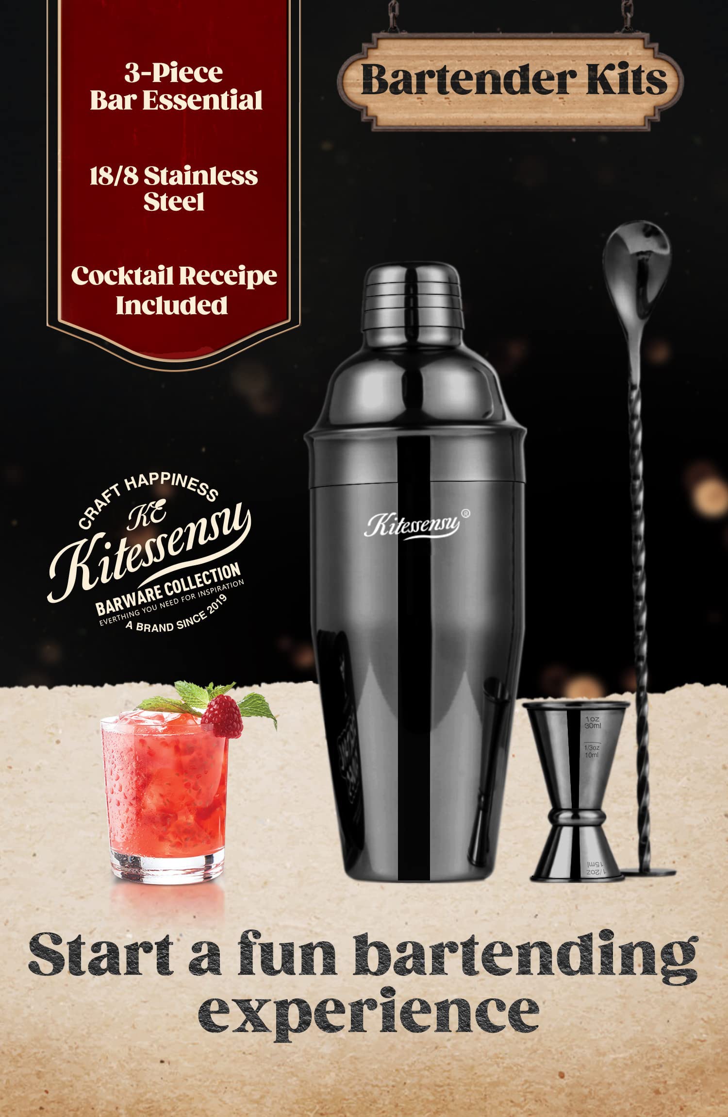 Premium Stainless Steel Cocktail Shaker Set - 24oz Bartender Kit with Mixer, Jigger, Bar Spoon & Recipe Guide - Perfect for Home Bars, Parties & Professional Mixology