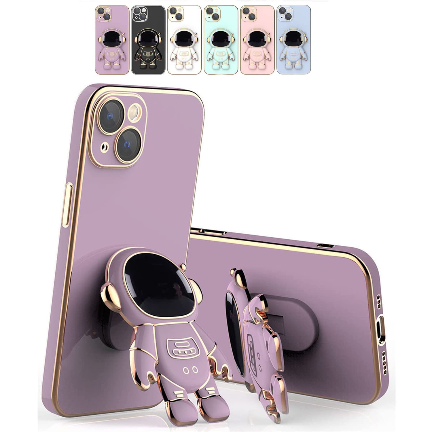 6D Plating Astronaut Hidden Stand Case Cover for iPhone 12 - Shockproof Protective Phone Case with Built-in Stand & Lens Film - Perfect for Travel, Work & Everyday Use (Purple)