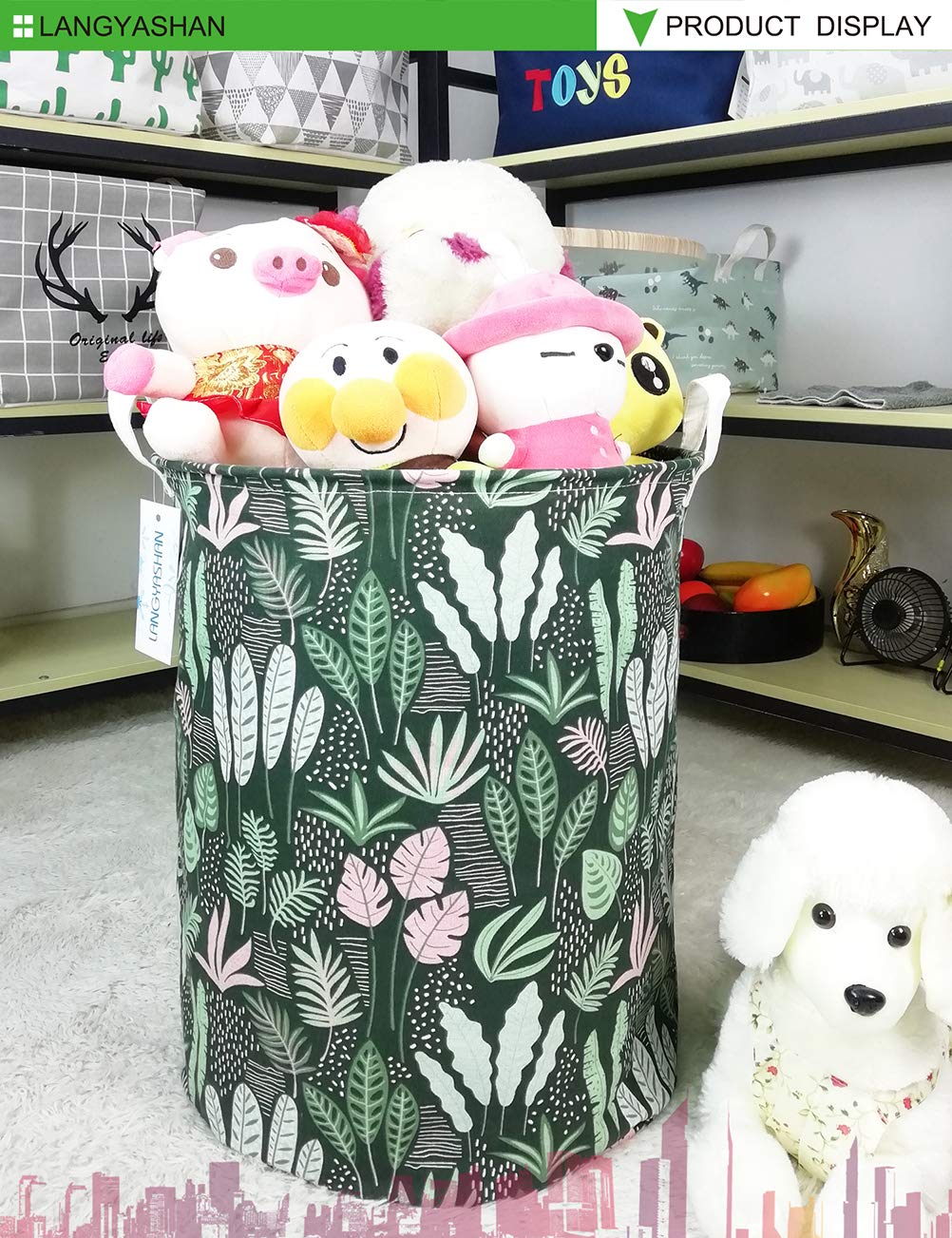 LANGYASHAN Collapsible Canvas Laundry Basket - Foldable Storage Organizer for Clothes, Toys & Gifts, Perfect for Bedroom, Nursery & Kids Room (Round Leaf Design) | Space-Saving Home Organization Solution