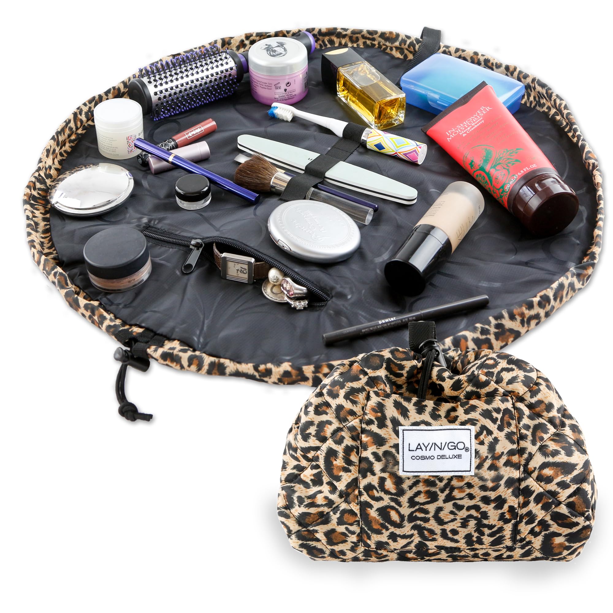 Lay-n-Go Cosmo Drawstring Cosmetic & Makeup Bag Organizer with Zipper Pocket & Makeup Loops - Durable Machine Washable Travel Makeup Pouch (22 Inches, Leopard Print) - Perfect for Travel, Gym & Daily Organization