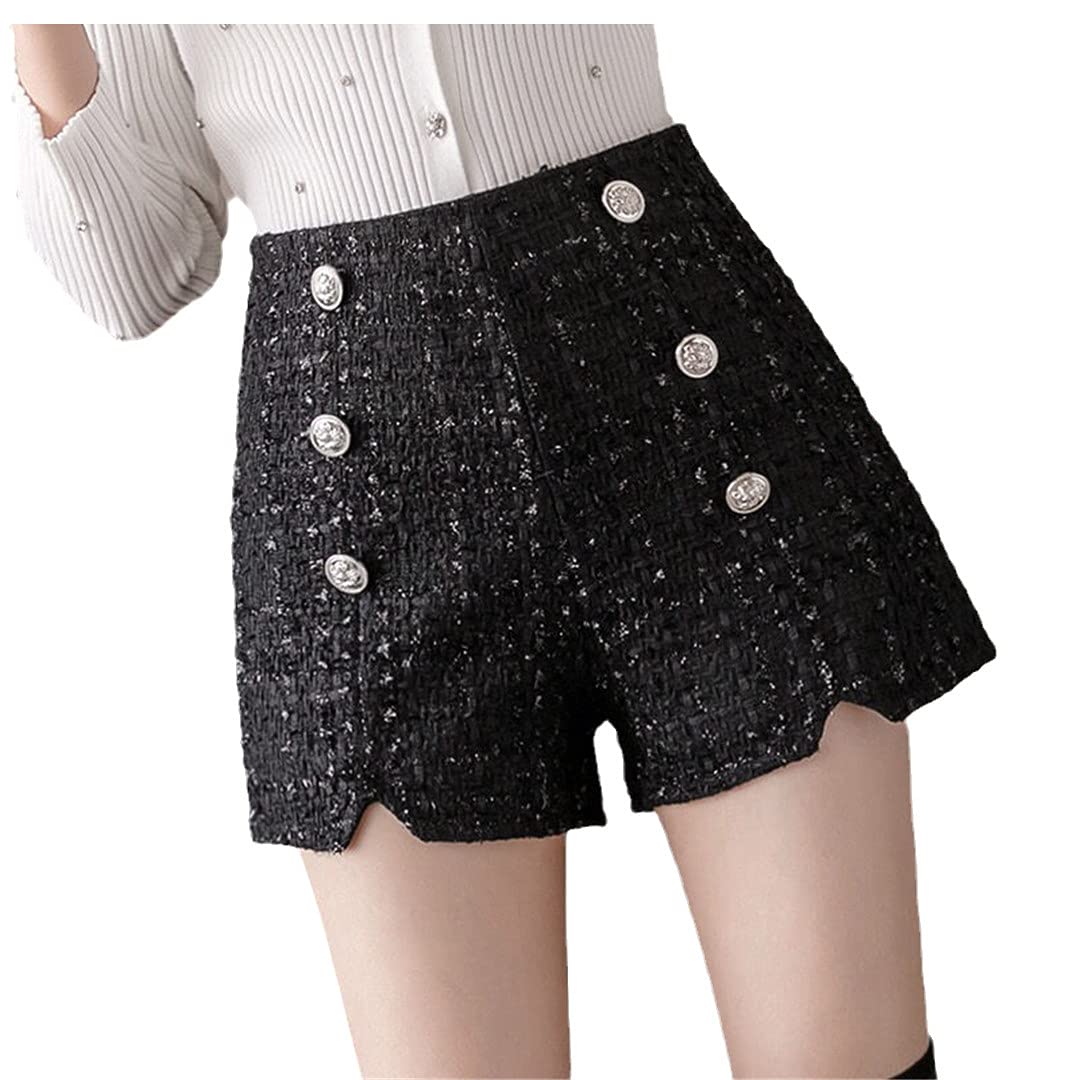 Women's High Waist Black Tweed Wide Leg Shorts with Belt - Autumn Winter Plaid Fashion Shorts for Casual Outfits & Office Wear