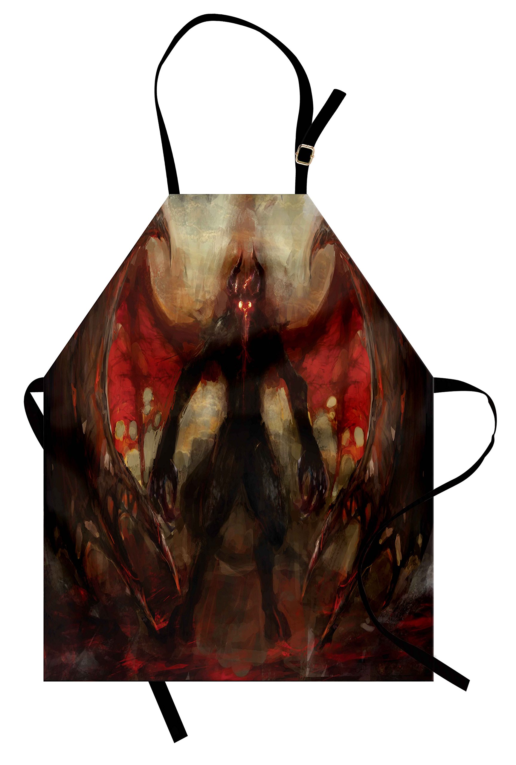 Ambesonne Fantasy World Apron - Devil Shadow with Wings Design, Unisex Adjustable Kitchen Bib Apron for Cooking, Baking, Grilling & Gardening - Perfect for Halloween, Cosplay & Gothic Themed Parties (Red & Grey)