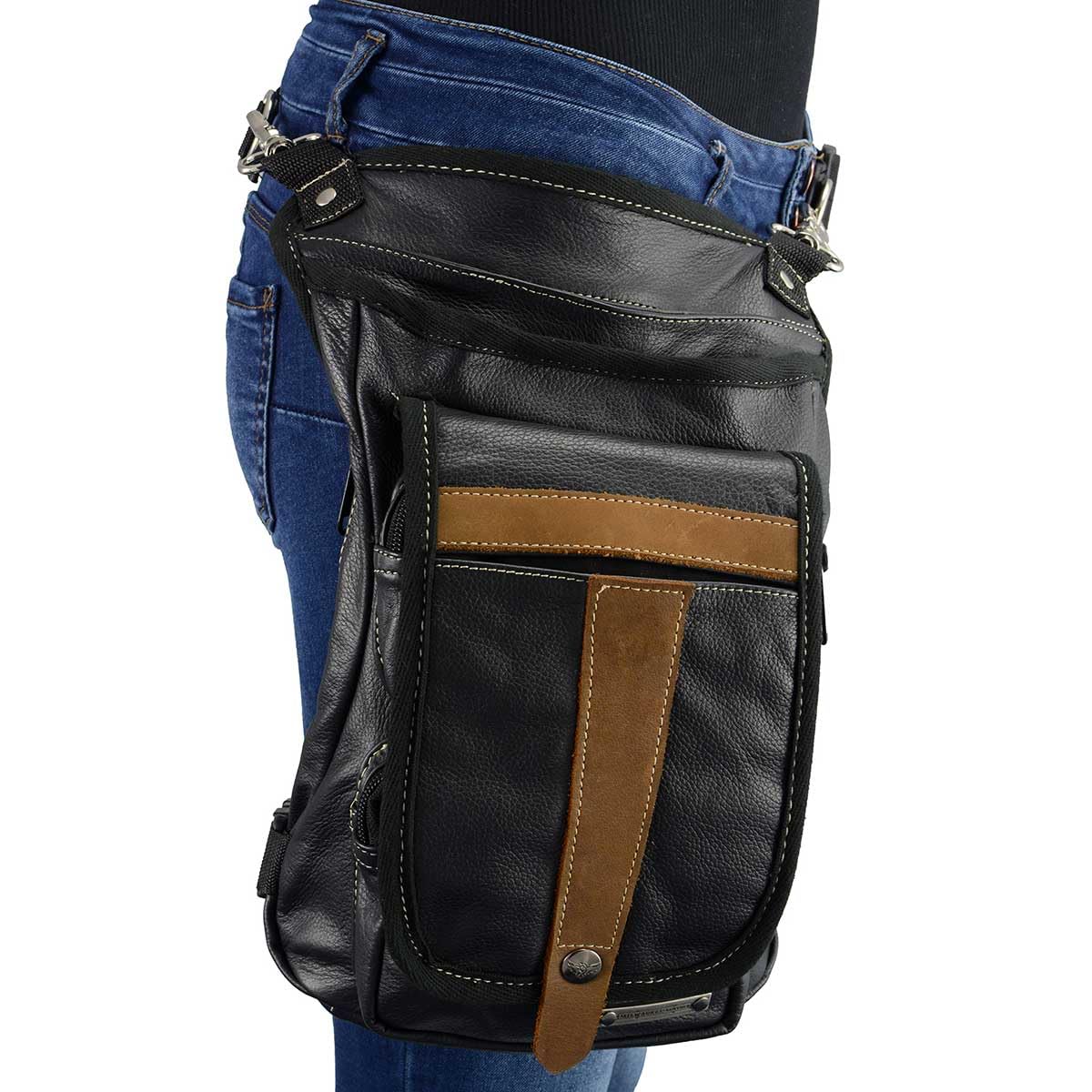 Milwaukee Leather MP8897 Conceal Carry Thigh Holster Bag - Black & Tan Leather with Adjustable Waist Belt for Pistol & Essentials | Perfect for Hiking, Travel & Tactical Use
