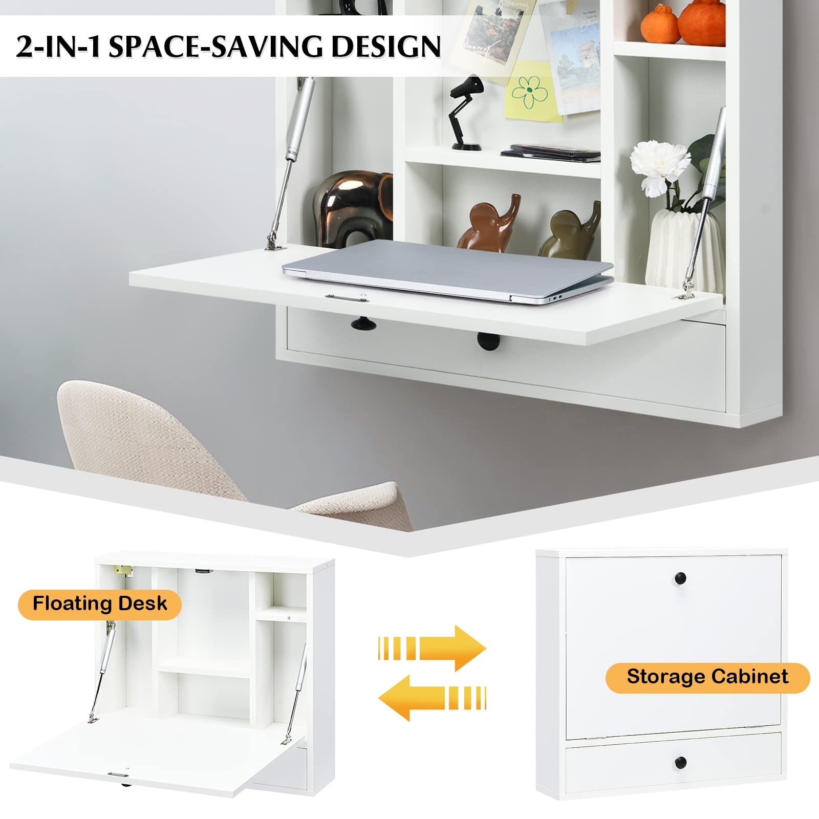 Wall Mounted Floating Desk - Foldable Computer Desk with Storage Shelves & Drawer, Space Saving Wall-Mounted Writing Desk for Small Spaces | Perfect for Home Office, Dorm Room & Studio (White)