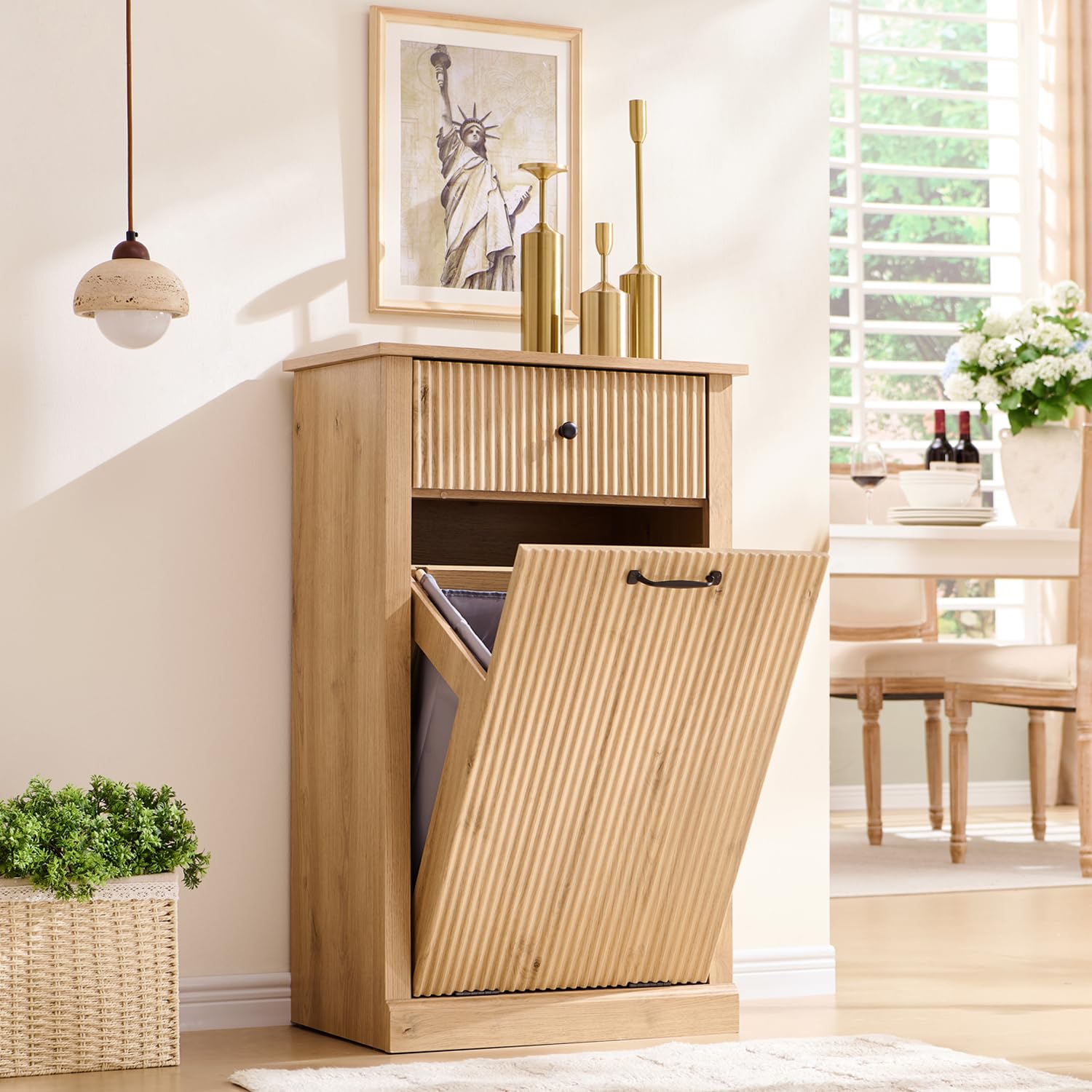 Modern Tilt-Out Trash Can Cabinet 10 Gallon - Wooden Hidden Garbage Bin with Fluted Laundry Hamper & Storage Drawers - Freestanding Kitchen & Living Room Organizer - Natural Oak Finish - Perfect for Small Spaces, Apartments & Home Organization