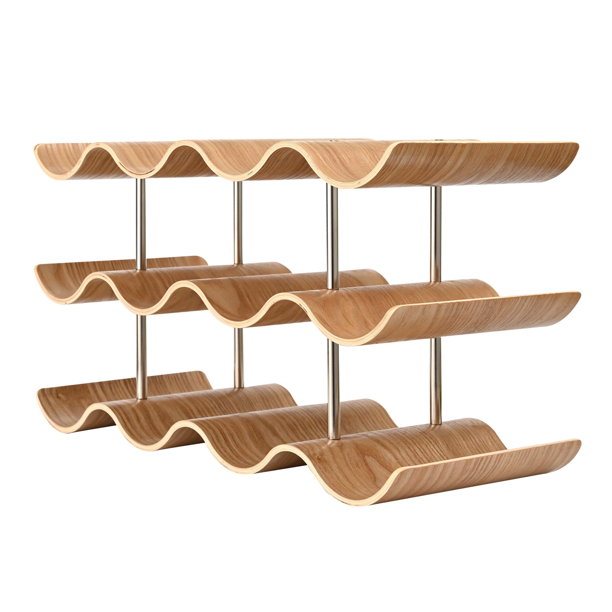 12 Bottle Wooden Wine Rack - 3 Tier Countertop Wine Holder Stand for Kitchen, Bar, Pantry & Cabinet Storage | Wavy Design Freestanding Wine Organizer for Home & Restaurant Use