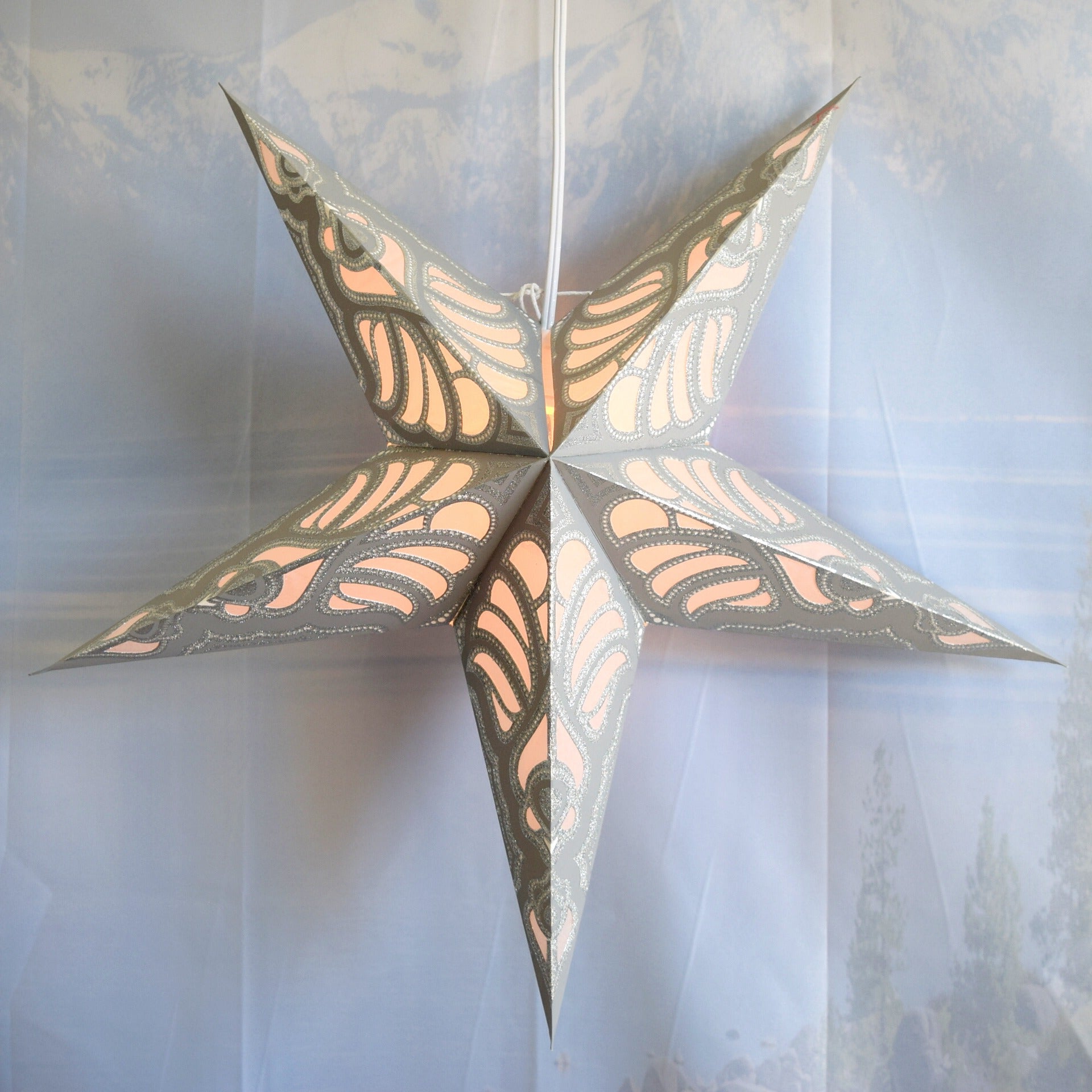 24 Inch White Paper Star Lantern with Glitter - Radiant Dawn Hanging Light Kit for Home Decor, Party & Wedding Lighting