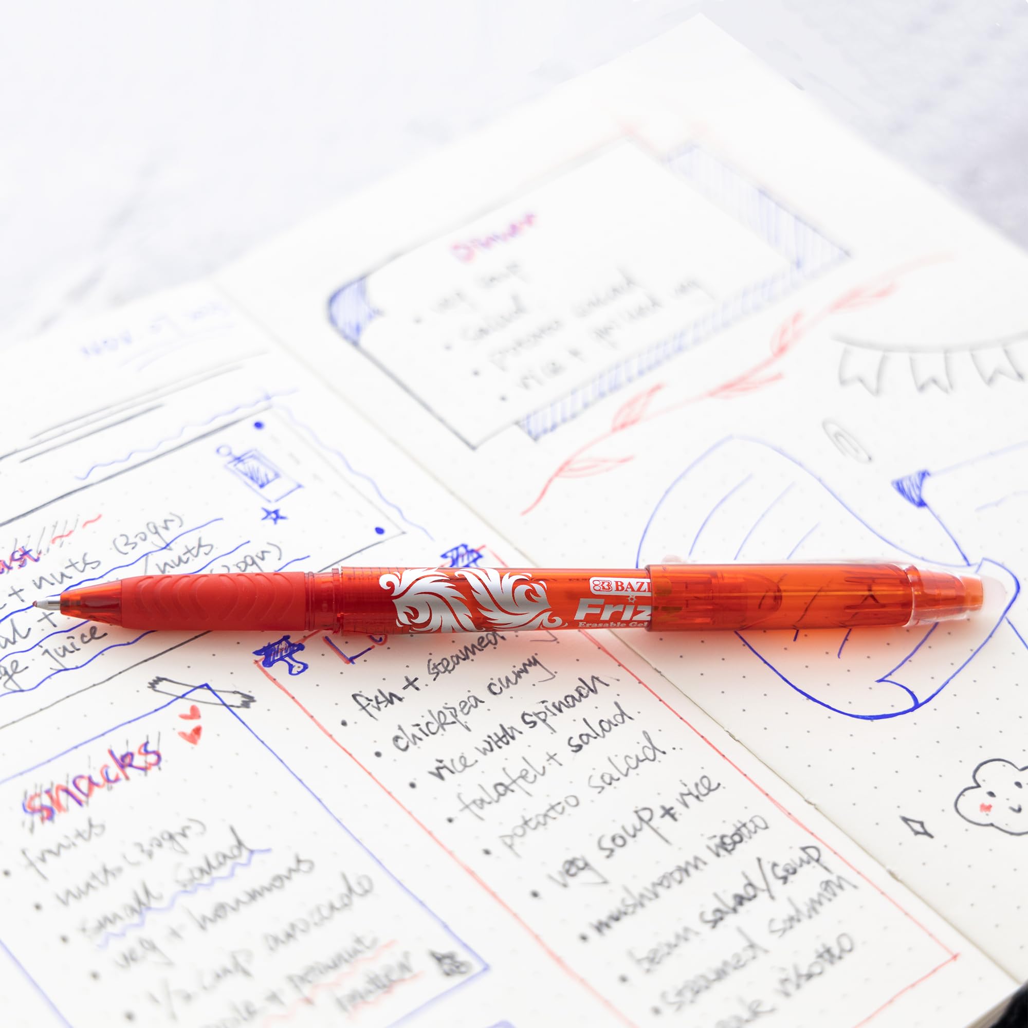 BAZIC 0.7mm Red Frizz Erasable Gel Pens - Fine Point Erasable Ink Pens for Smooth Writing & Drawing - 24-Pack for School, Office, Homework, Note Taking & Gift Giving