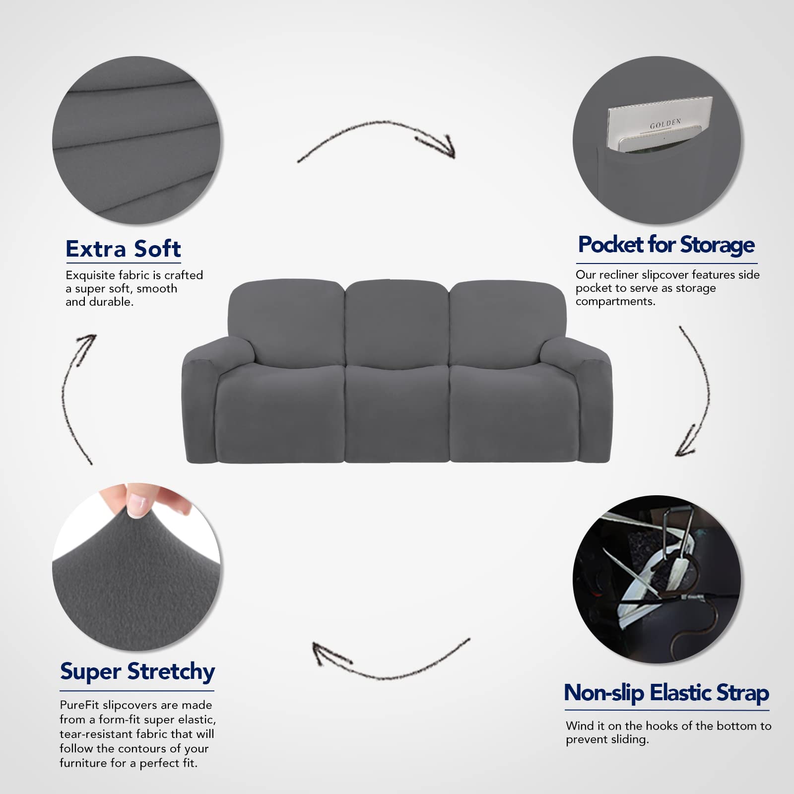 PureFit Super Stretch 3-Seat Recliner Sofa Cover with Pockets - Non-Slip Soft Slipcover, Washable Spandex Furniture Protector for Kids & Pets (Gray) | Perfect for Living Room, Family Room & Home Theater Seating Protection