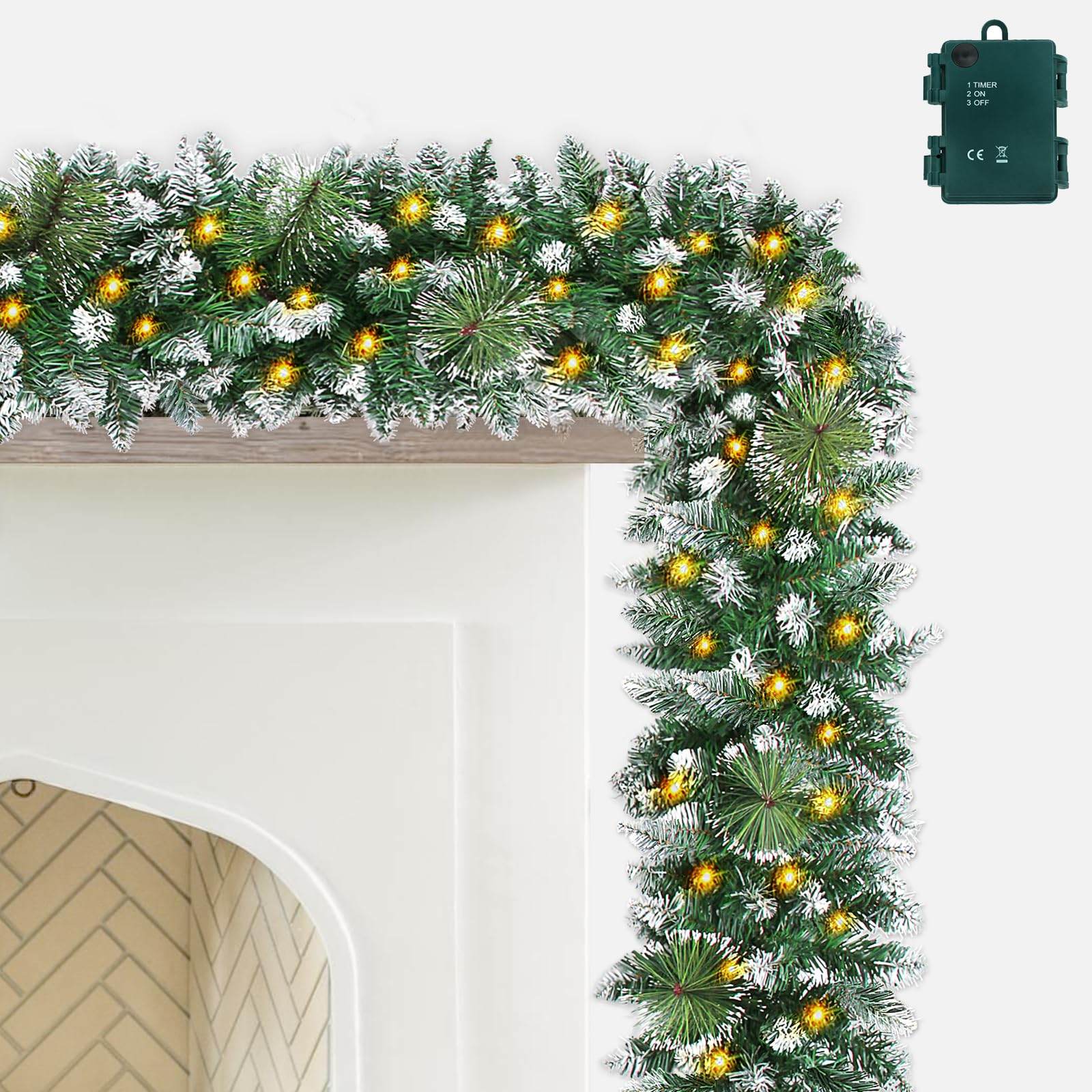 9FT Pre-Lit Christmas Garland with 100 Warm White LED Lights - Battery Operated Snowy Cedar Bristle Garland with Timer - Waterproof Outdoor Christmas Decor for Mantle, Staircase & Holiday Parties