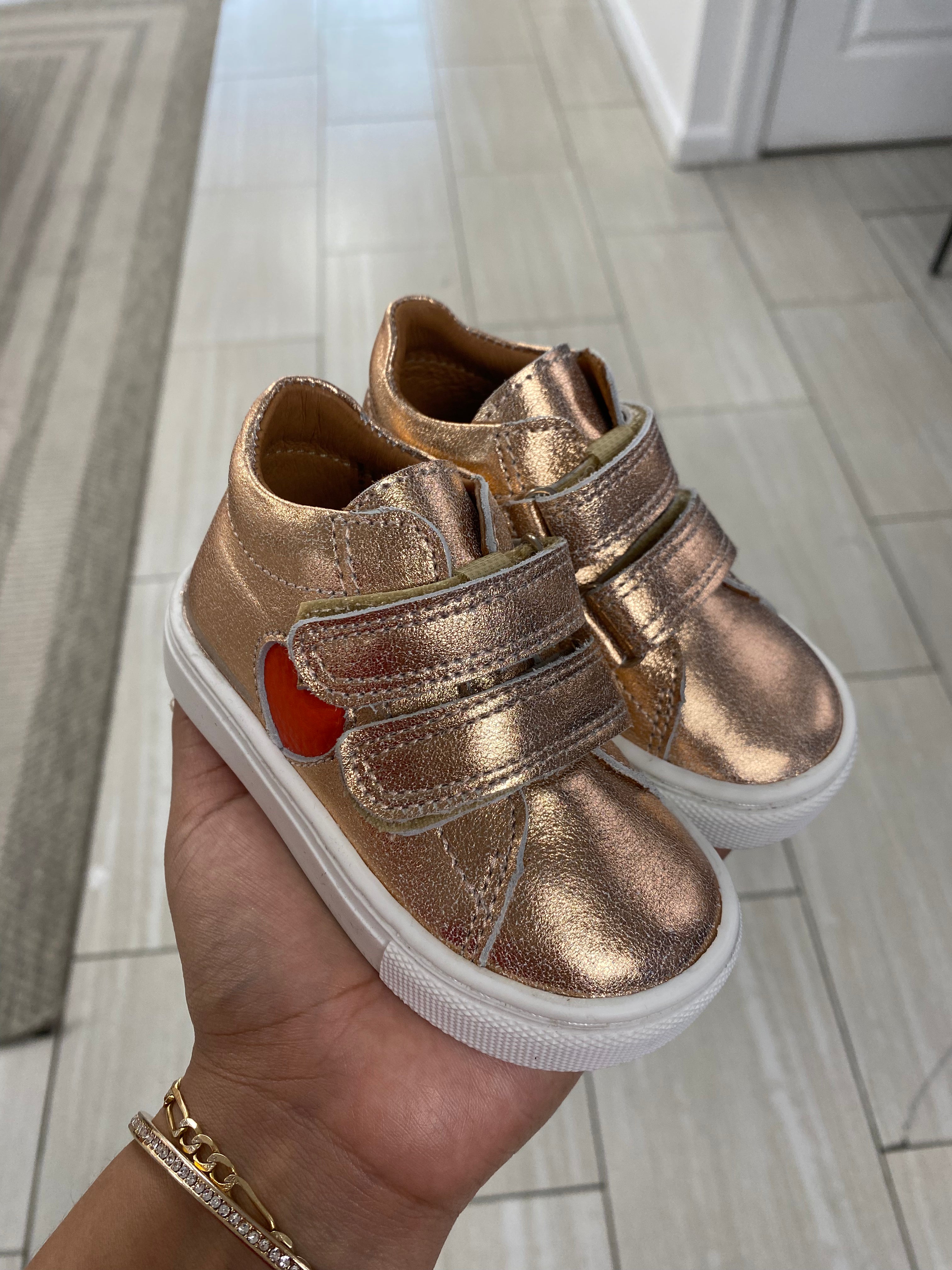 Atlanta Moccasin Rose Gold Metallic Heart Velcro Baby Sneakers - Comfortable First Walkers for Toddlers & Infants | Perfect for Everyday Wear, Playdates & Special Occasions