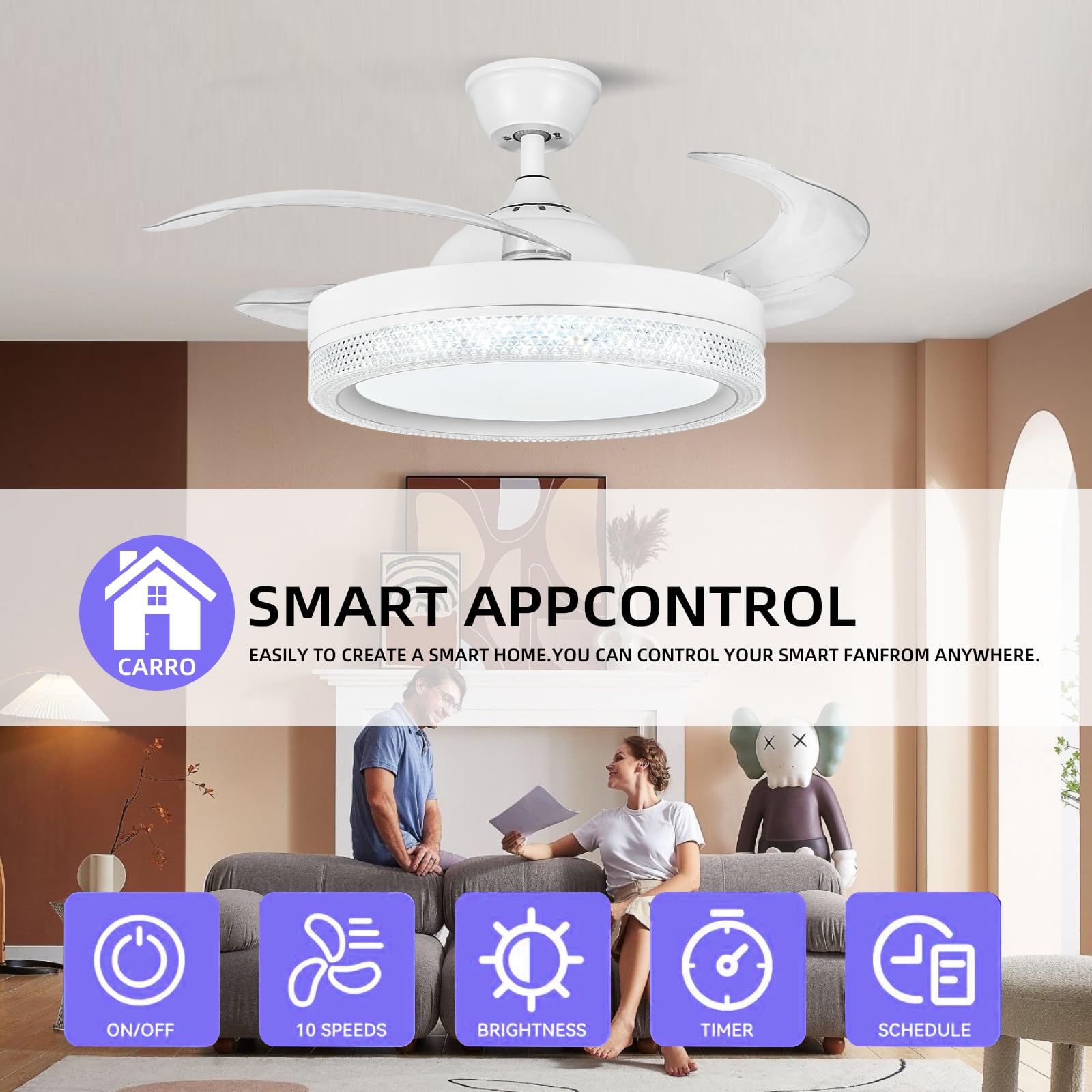 HOREVO 42 Inch Retractable Ceiling Fan with LED Lights, Bluetooth Speaker & Remote - Color Changing Dimmable Invisible Blade Chandelier Fan for Bedroom, Living Room & Outdoor Patio