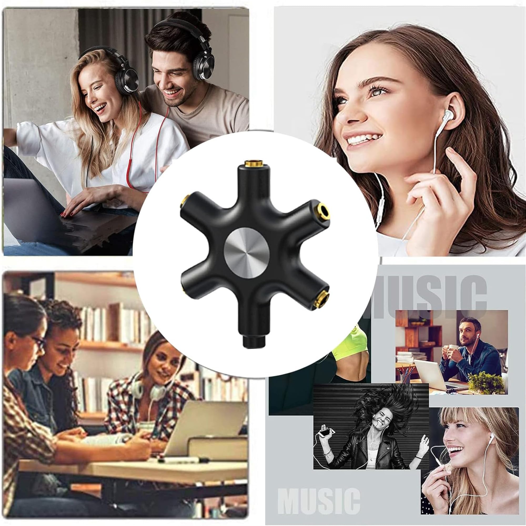 5-Way 3.5mm Headphone Splitter - 1 Male to 4 Female Stereo Audio Adapter with Cable for Music Sharing, Gaming, Classroom & Multi-Listener Scenarios