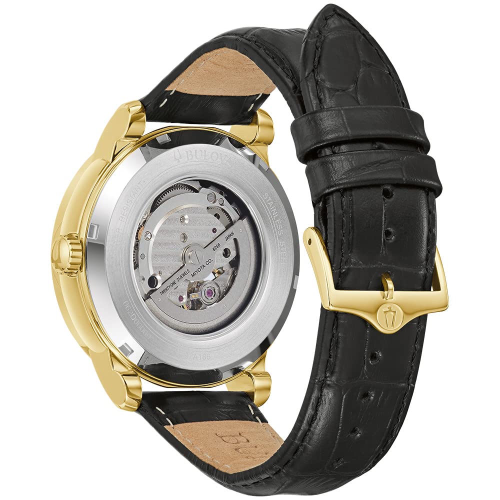 Bulova Men's Classic 3-Hand Automatic Watch with 21-Jewels Movement, Leather Strap, Luminous Hands & Markers, Hack Feature, Open Aperture & Exhibition Case Back - Perfect for Business, Formal Occasions & Everyday Wear (Model: 97A166)