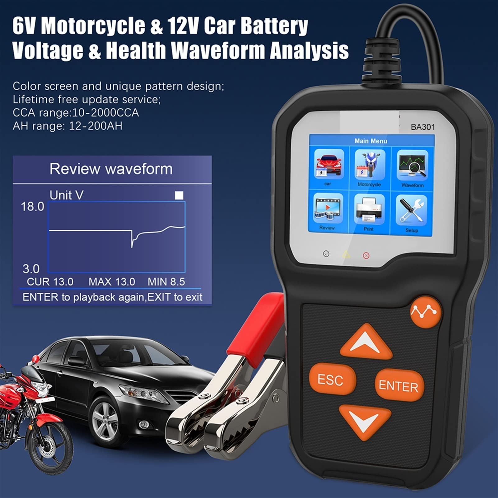 BA301 Professional 6V/12V Battery Load Tester - 2000CCA Cranking Analyzer for Motorcycle, Car & Heavy Duty Truck Batteries - Essential Automotive Diagnostic Tool for Charging System Maintenance