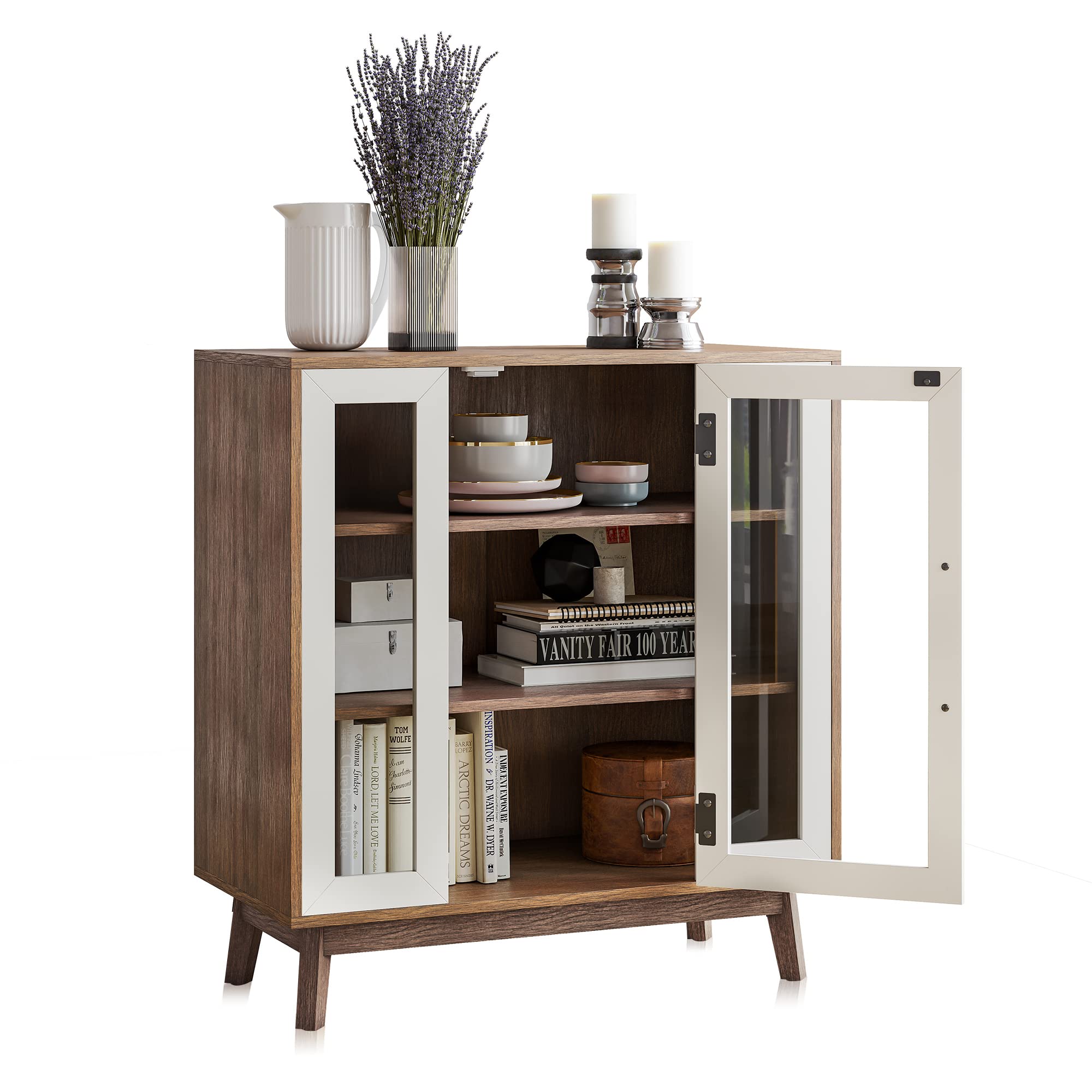 BELLEZE 3-Tier Sideboard Buffet Cabinet - Modern Glass Display Curio Cabinet with Storage, White Kitchen Pantry & Coffee Bar Organizer - Perfect for Living Room, Entryway, and Dining Room Decor