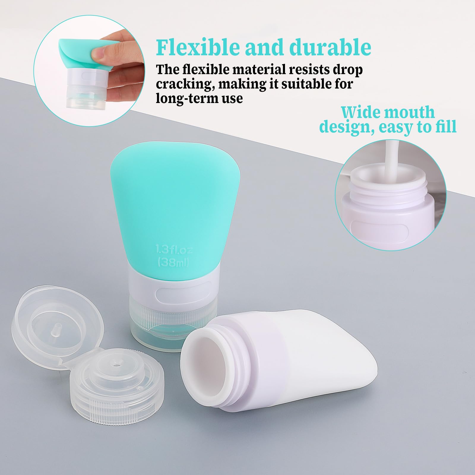 2 Pack 1.3oz (38ml) Leak Proof Refillable Squeeze Bottles - Silicone Travel Containers for Shampoo, Conditioner & Lotion - Portable Cosmetic Bottles for Toiletries - Perfect for Air Travel, Gym & Vacation Essentials