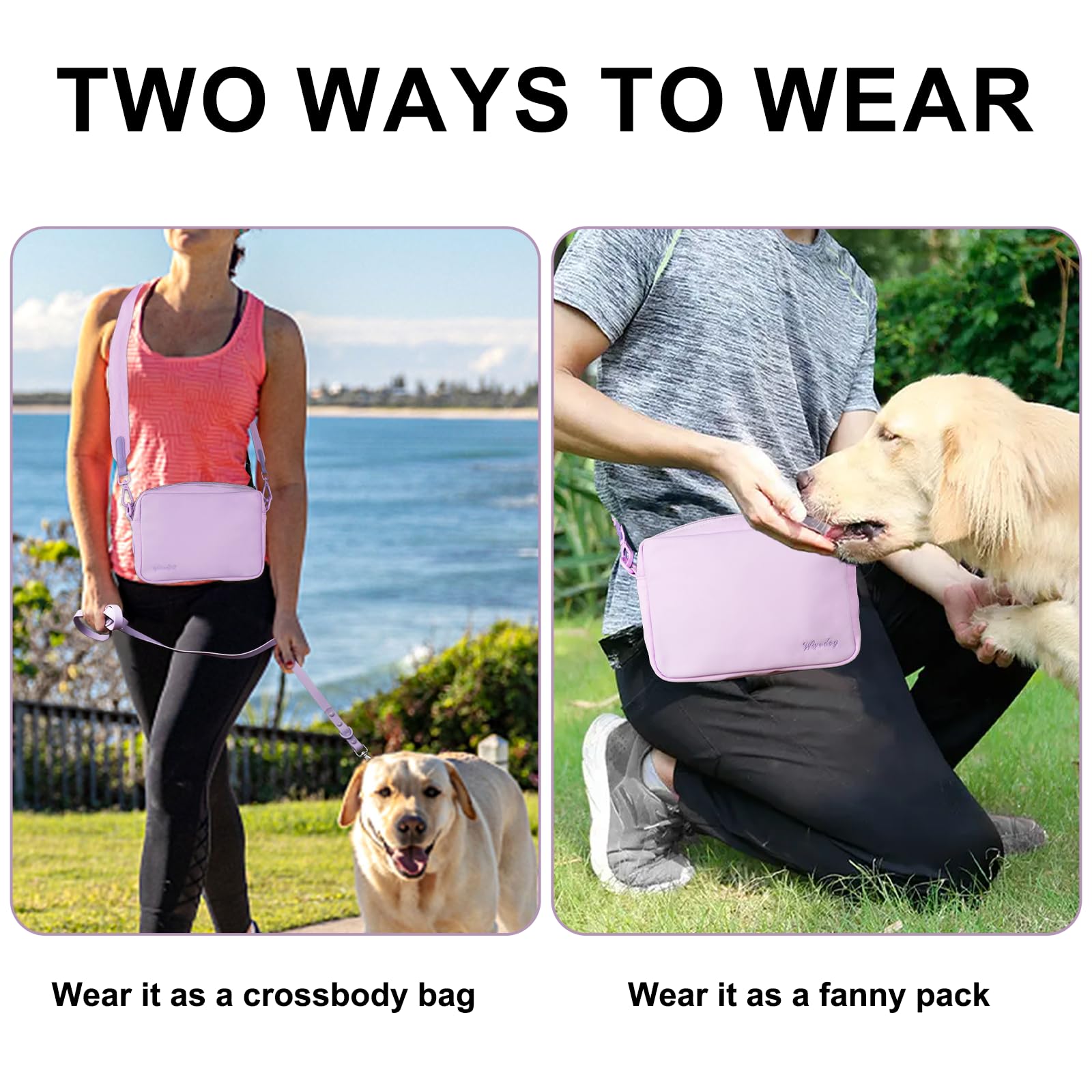 Wisedog Waterproof Dog Treat Pouch - Durable Dog Training Bag with Built-in Poop Bag Dispenser, Hands-Free Fanny Pack & Crossbody Bag for Small Medium Large Dogs (Light Purple) - Perfect for Outdoor Walks, Hiking & Pet Training Sessions