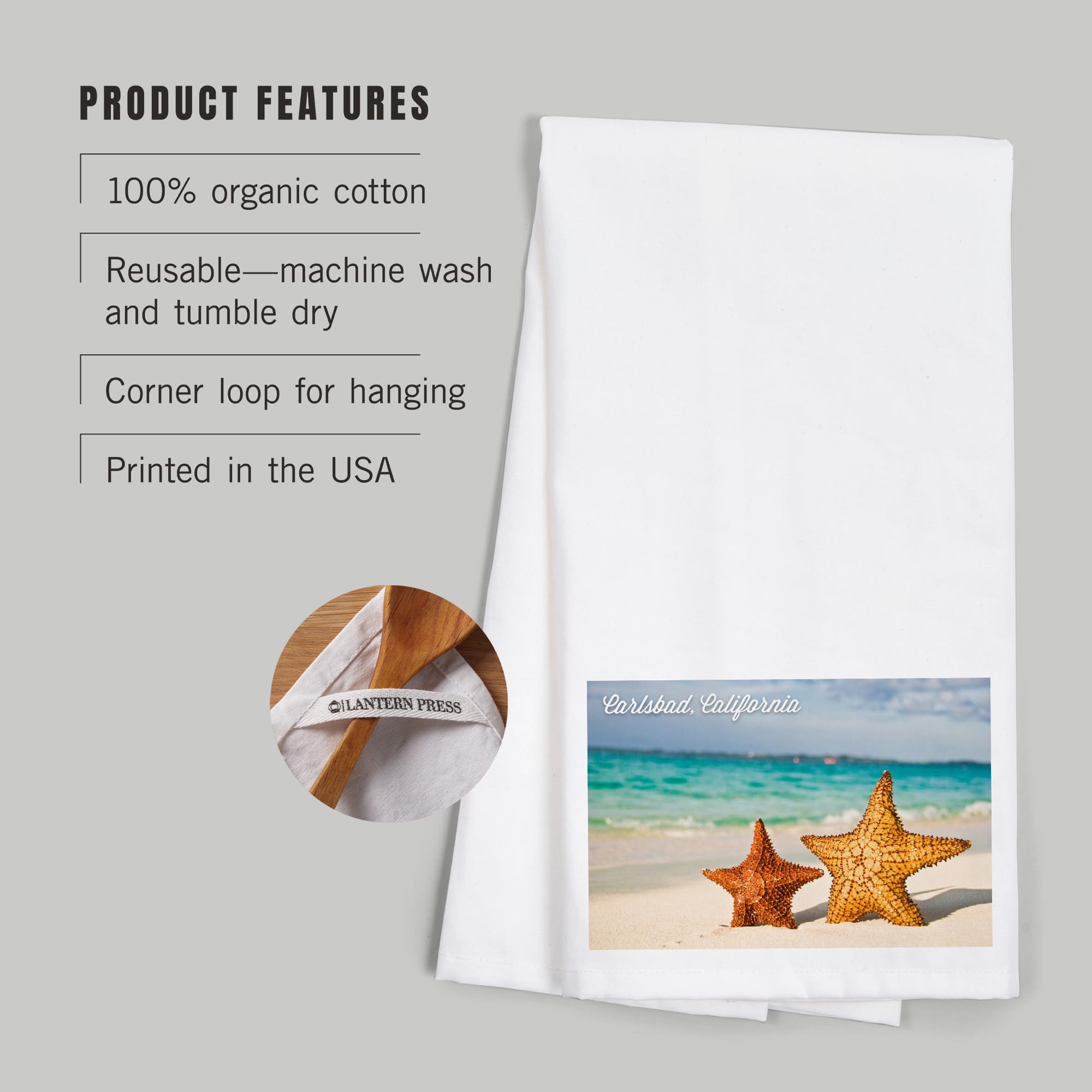 Lantern Press Carlsbad California Starfish Beach Tea Towel - 100% Cotton Decorative Hand Towel for Kitchen, Bath & Home Decor - Perfect for Coastal Themed Decor, Beach House Gifts & Dish Drying