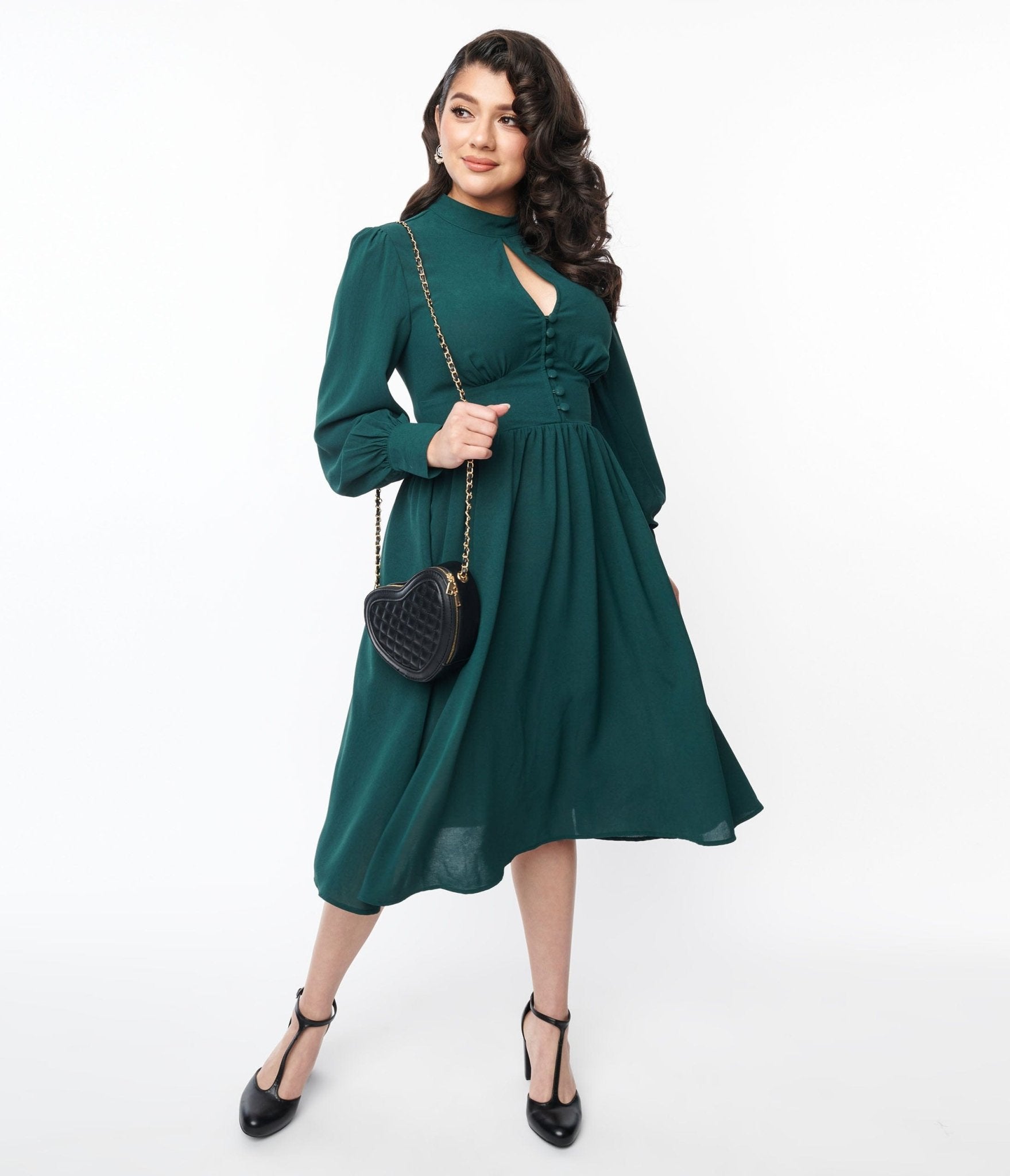 Vintage 1970s Hunter Green Keyhole Swing Dress - Retro Floral Print Midi Dress for Women | Perfect for Parties, Date Nights & Special Occasions
