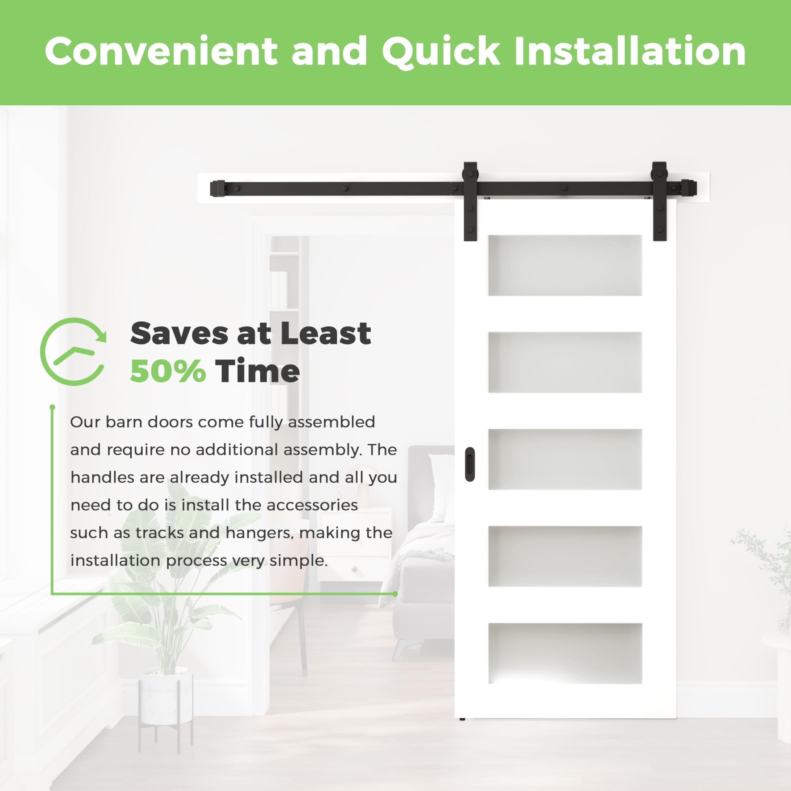 DELAVIN 36 x 84 Inch Frosted Glass Sliding Barn Door with 6.6FT Hardware Kit - 5 Panel Waterproof PVC Coating, Double-Sided Interior Handles - Perfect for Bedroom, Bathroom & Closet Privacy (White)
