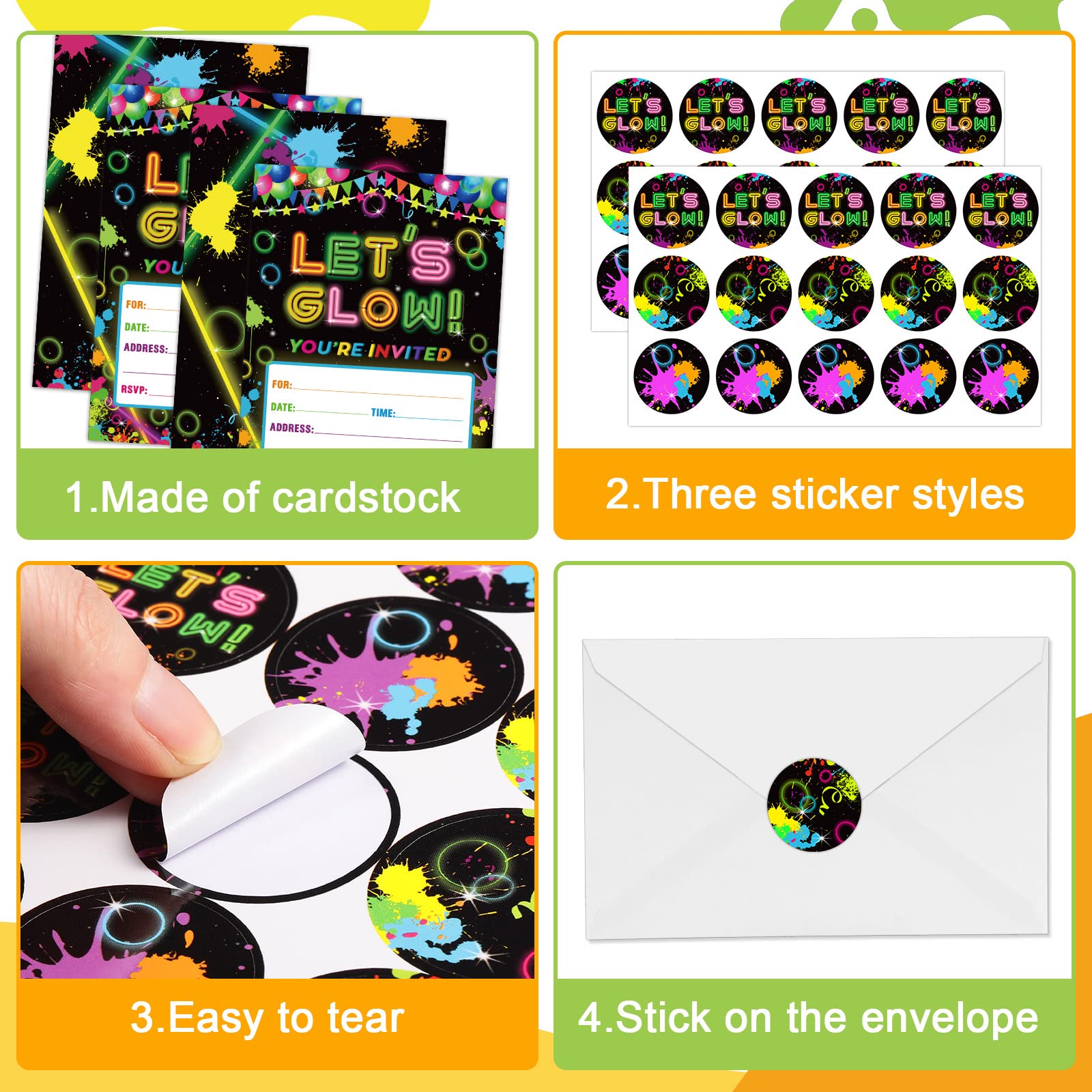 30 Pack Glow in the Dark Birthday Party Invitations - Neon Party Favors with 30 Envelopes & Stickers - Perfect for Kids Birthday, Glow Parties & Nighttime Celebrations