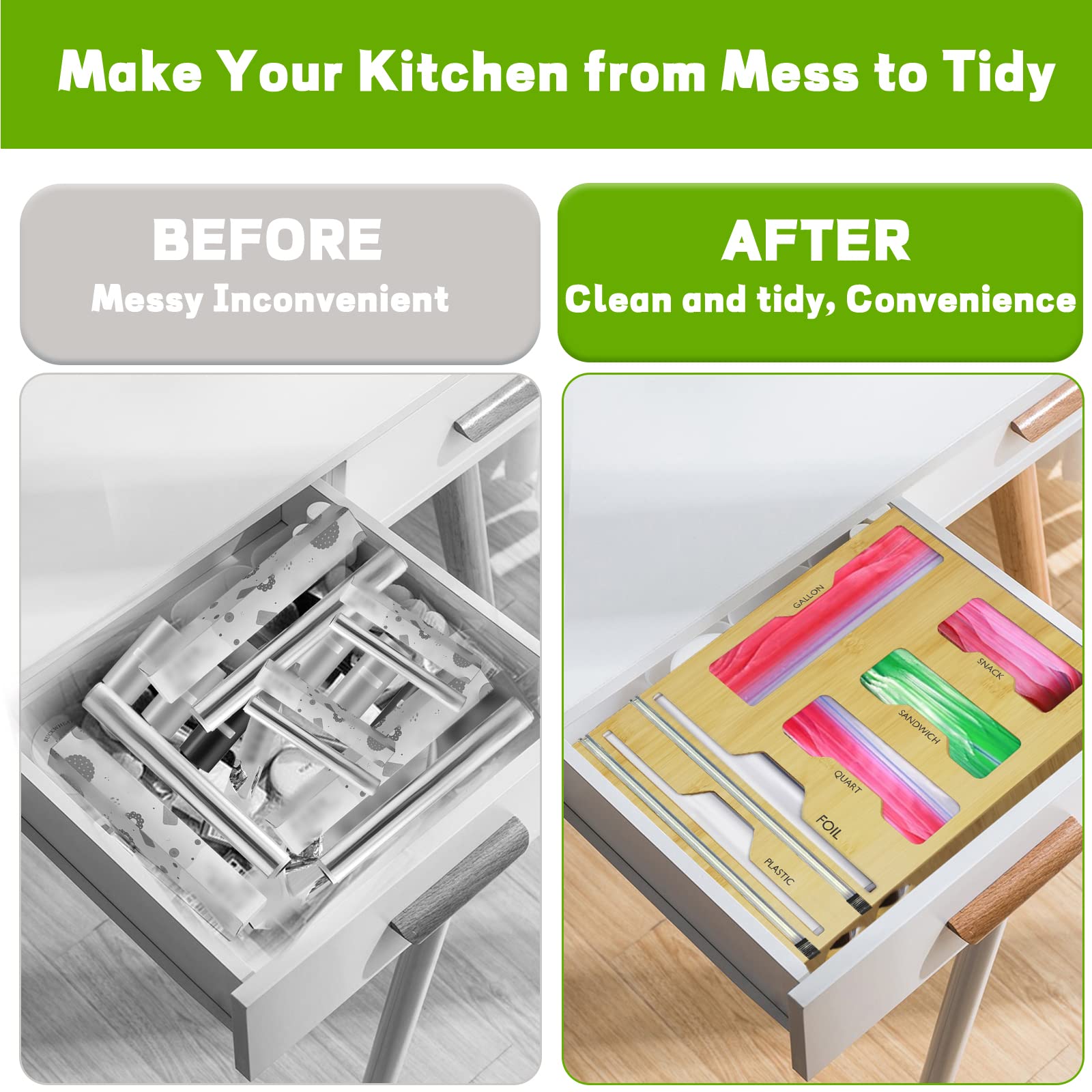 6-in-1 Kitchen Wrap Organizer Set - Foil & Plastic Wrap Dispenser with Cutter + 4 Storage Bags for Ziplock - Perfect for Kitchen Drawer Organization & Food Storage