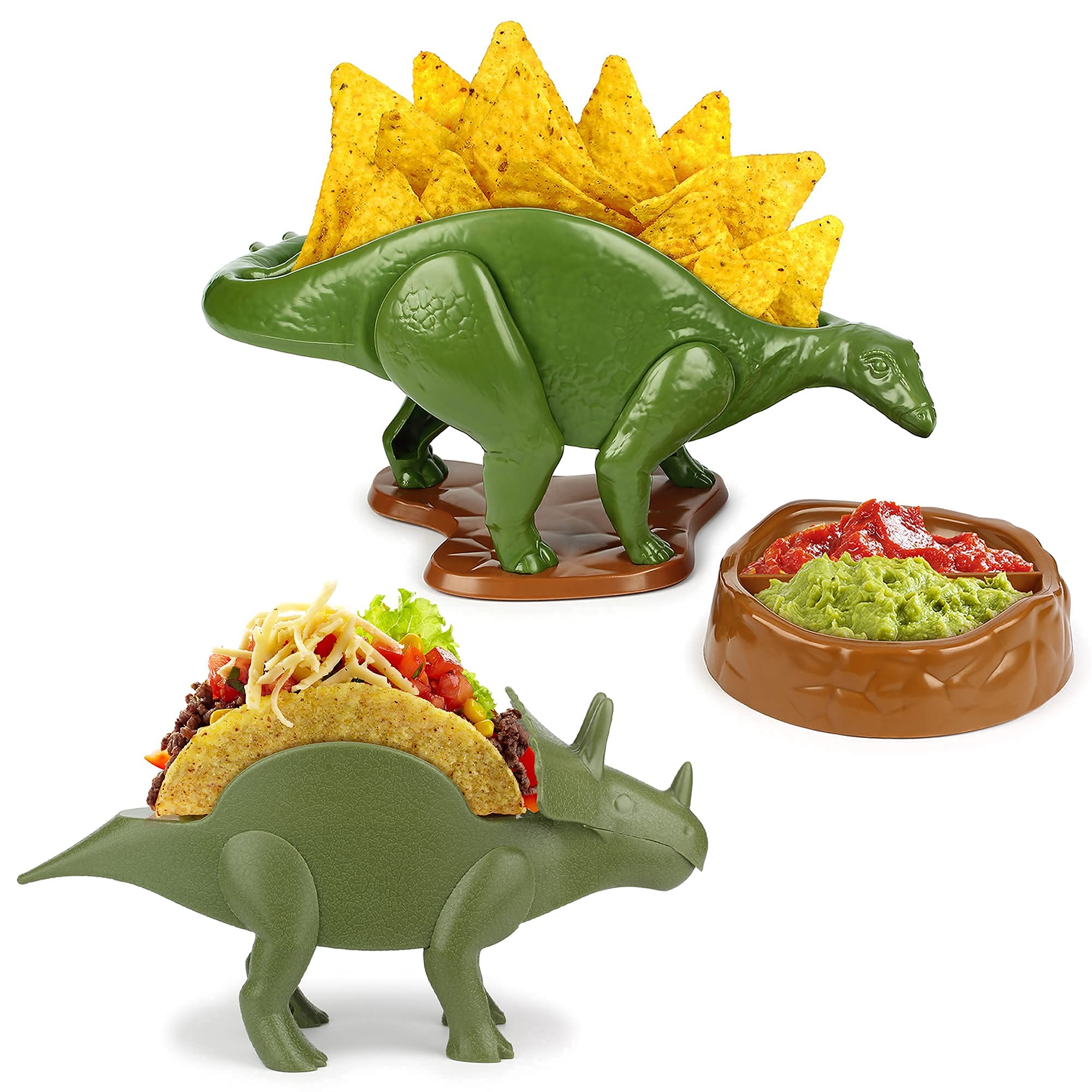 Funwares Nachosaurus & Tricerataco Dinosaur-Themed Chip & Dip Serving Set with Taco Holder - Perfect for Taco Tuesday Parties, Game Nights & Dinosaur-Themed Events