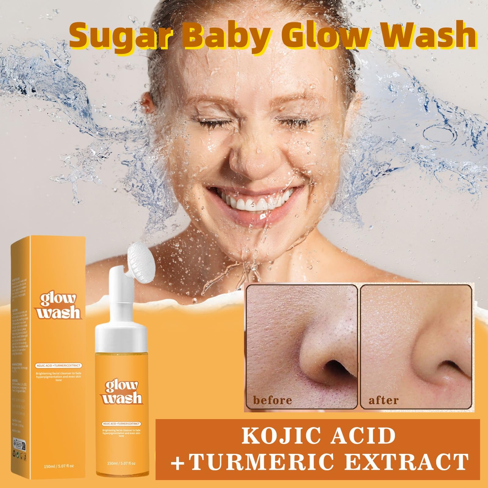 Turmeric Cleansing Sugar Baby Glow Wash & Scrub Set with 30 Exfoliating Pads - Natural Skincare for Brightening & Acne Treatment - Perfect for Daily Face Cleansing & Glowing Skin Routine