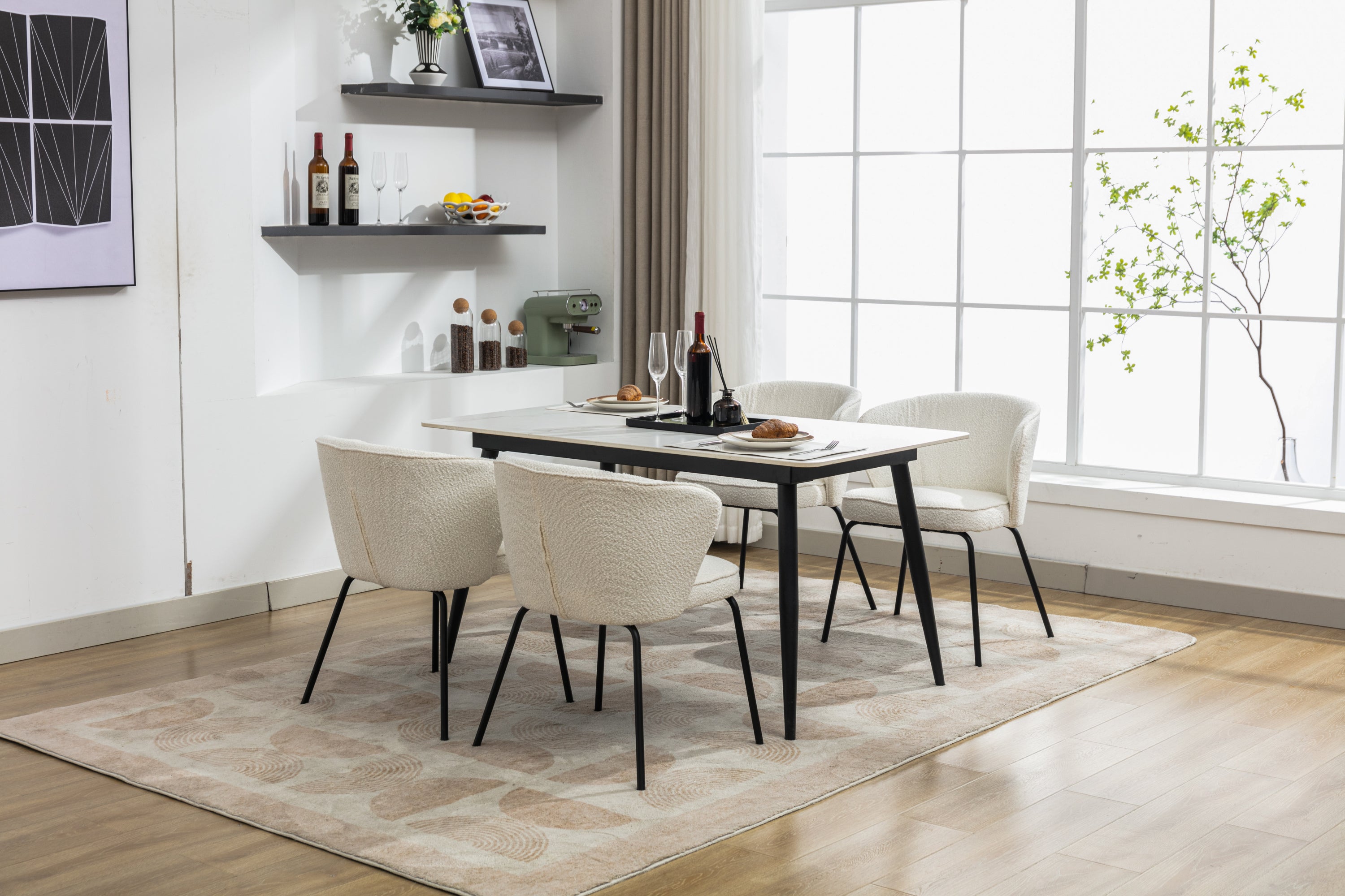 Boucle Fabric Dining Chairs Set of 2 with Black Metal Legs in Ivory - Modern Comfortable Kitchen & Dining Room Seating for Home & Office