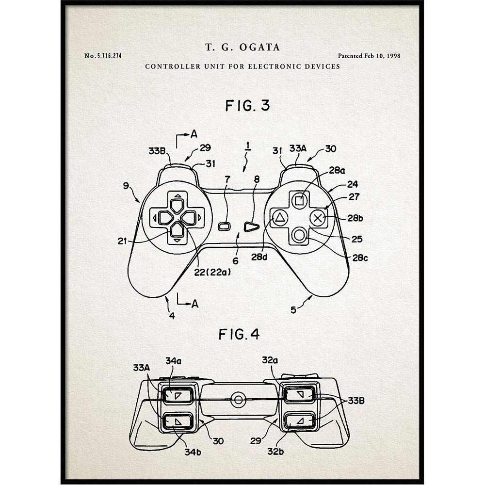 Blue Gaming Controller Blueprint Art - Patent Prints & Gamer Poster for Game Room Decor - Video Game Joystick Wall Art - Perfect Gift for Gamers (QP729) - Ideal for Gaming Themed Rooms, Man Caves & Esports Enthusiasts