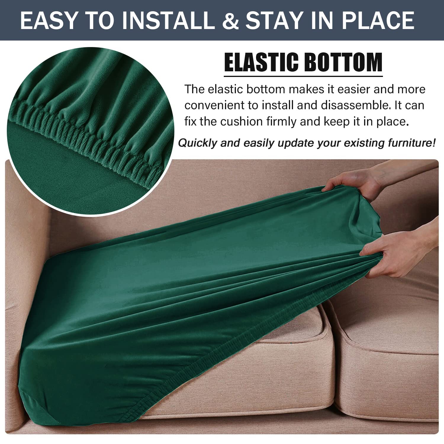 Soft Velvet Plush Stretch Cushion Cover - Elastic Bottom Sofa Slipcover Furniture Protector (Green, 3 Pack) - Perfect for Living Room, Bedroom & Office Decor