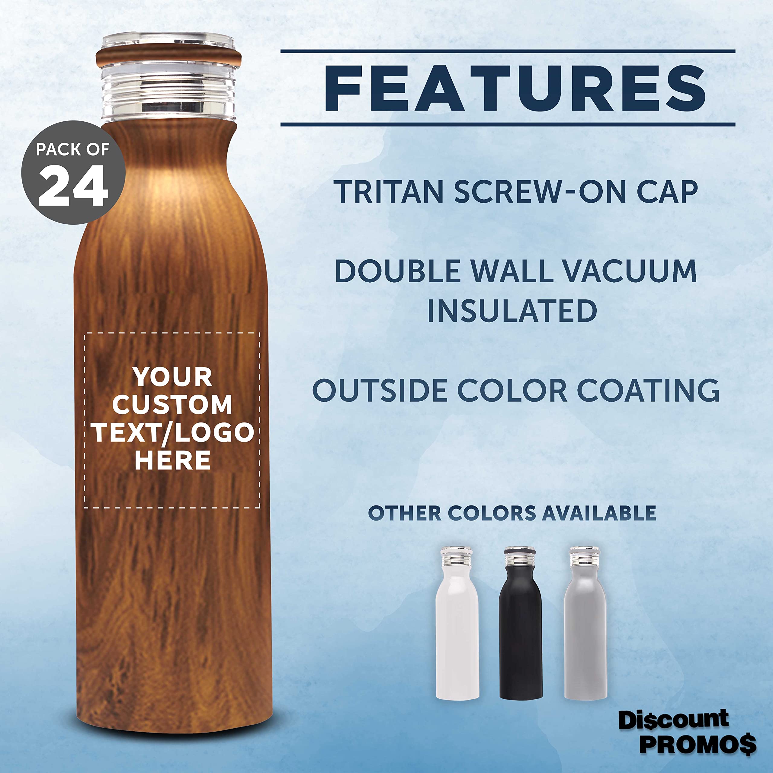 Echo 20 oz Custom Stainless Steel Water Bottles - 24-Pack Bulk Personalized Vacuum Insulated Double Wall Thermos - Keeps Coffee, Tea & Beverages Hot/Cold for 24 Hours - Ideal for Office, Gym, Camping & Outdoor Activities