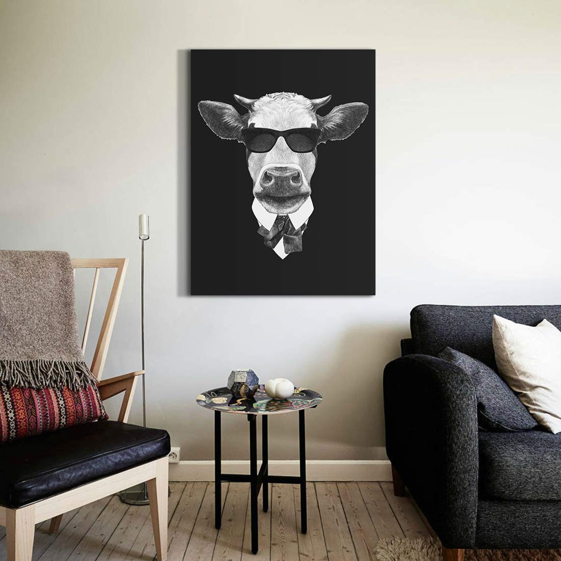 Denozer - Modern Canvas Wall Art: Mr. Cow in Sunglasses & Black Suit - 36x48 Inch Stretched Framed Ready-to-Hang Picture for Living Room, Office & Bedroom Decor - Premium Solid Wood Frame Home Artwork