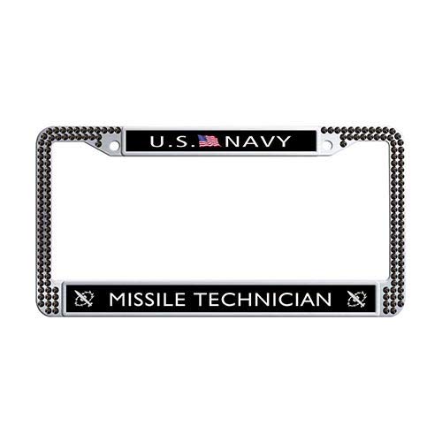 US Navy Missile Technician Car License Plate Holder - Black Rhinestone Auto Tag Frame for Military Supporters | Perfect for Veterans, Navy Enthusiasts & Patriotic Car Accessories