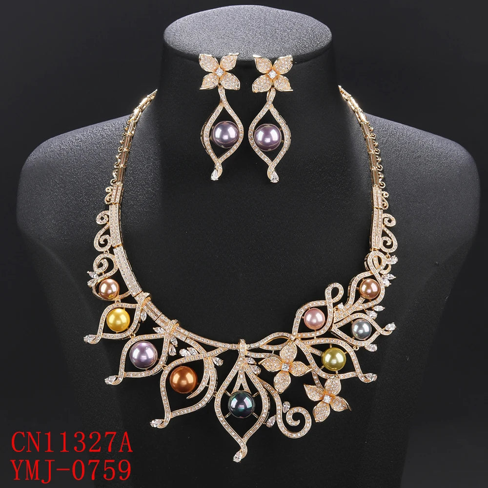 2 Pcs Cubic Zirconia Pearl Flower Necklace & Earrings Set for Women - Elegant Wedding Jewelry, Bridal Party Accessories, Anniversary Gift - Perfect for Weddings, Proms, and Special Occasions