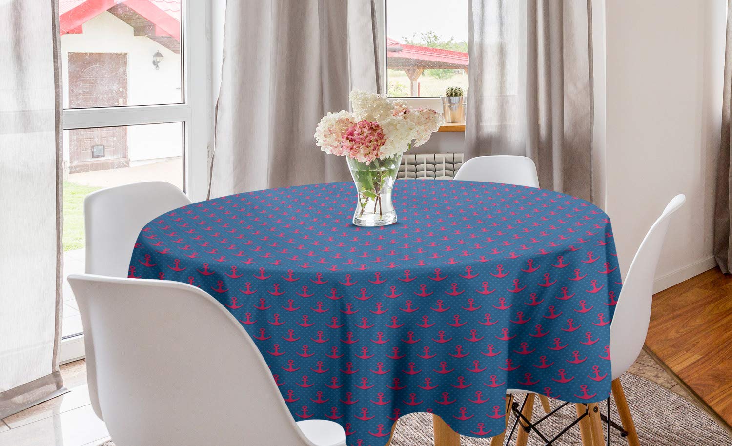 Ambesonne Anchor Round Tablecloth - 60 Inch Pink & Blue Polka Dot Retro Nautical Design, Circular Table Cover for Dining Room & Kitchen Decor | Perfect for Beach Themed Parties, Coastal Home Decor & Restaurant Table Settings