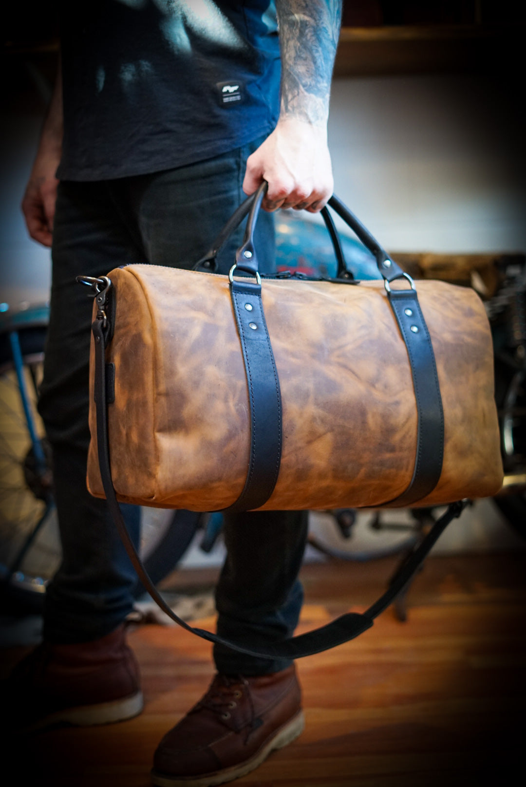 Premium Overnight Duffle Bag - Tobacco Brown with Flat Black Accents - Perfect for Travel, Gym & Weekend Getaways
